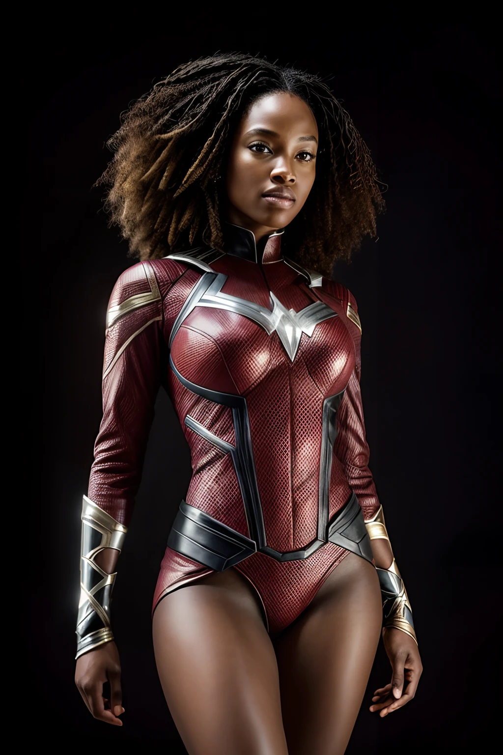 Create an extraordinarily detailed and fantastically realistic image portraying a black woman as a superhero, vestido como Scarlet Witch da Marvel. O foco deve estar no rosto dela, showing his beautiful features and a subtle, Sorriso Confiante. The costume should reflect Marvel's iconic Scarlet Witch costume. Place the character against a black background to emphasize their presence. Use the studio's chiaroscuro lighting to add depth and atmosphere to the image. Render this composition in an impressive 8K resolution, ensuring exceptional clarity and precision in portraying the strength and grace of black women as superheroes;;.