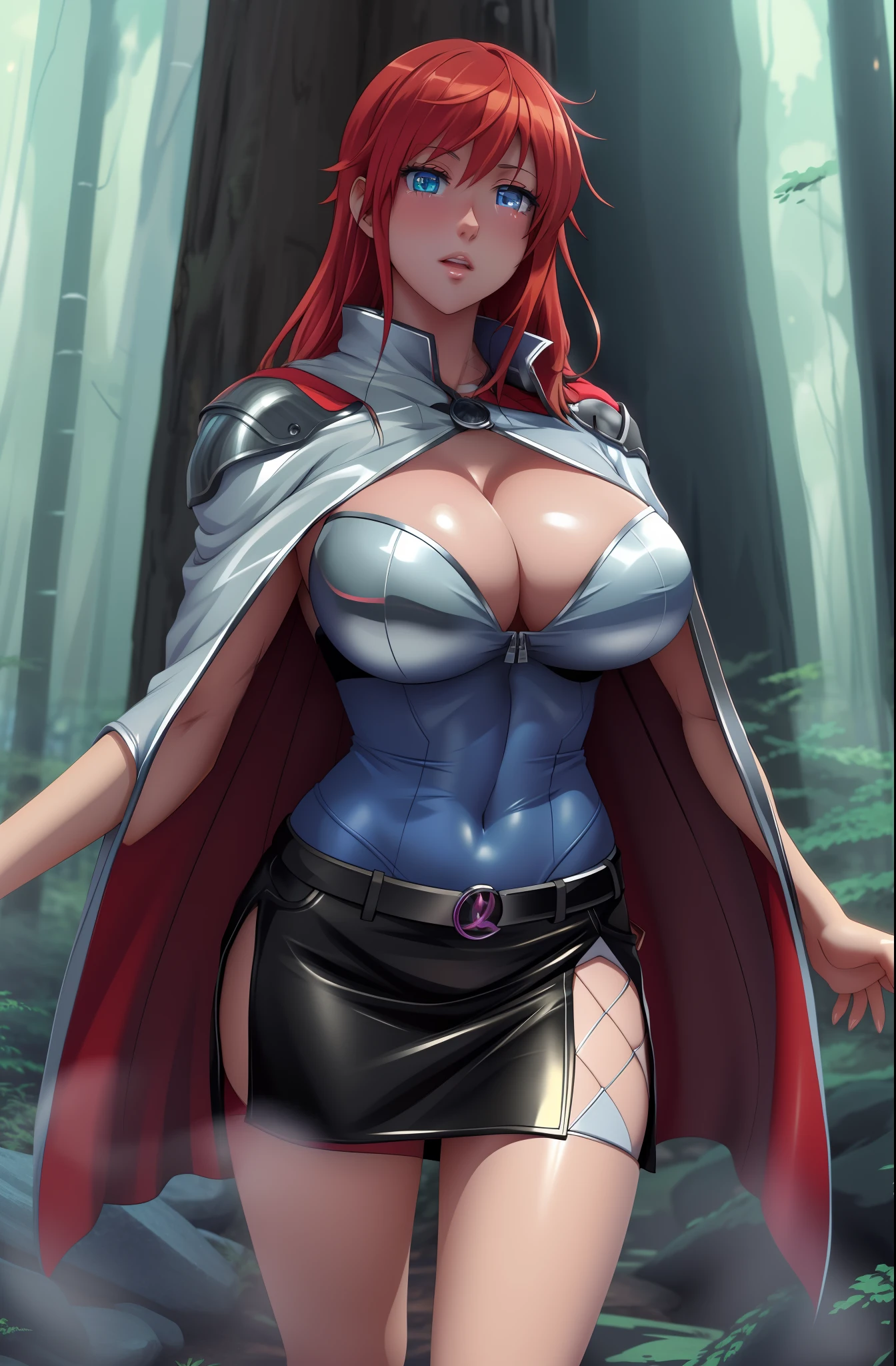 female, sharp focus, artstation, pixiv, zerochan.net, 8k, masterpiece, highly detailed, anime busty female figure, beautiful, full body pose, full figure, busty, waifu, cleavage, female anatomy, perfect anime eyes, leather skirt, leather armor torso, cape, shiny blue, silver, red hair, forest in background