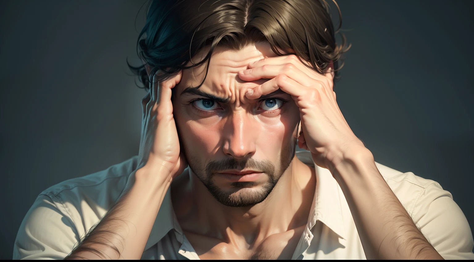 create realistic image of an anxious, worried man with hands on head