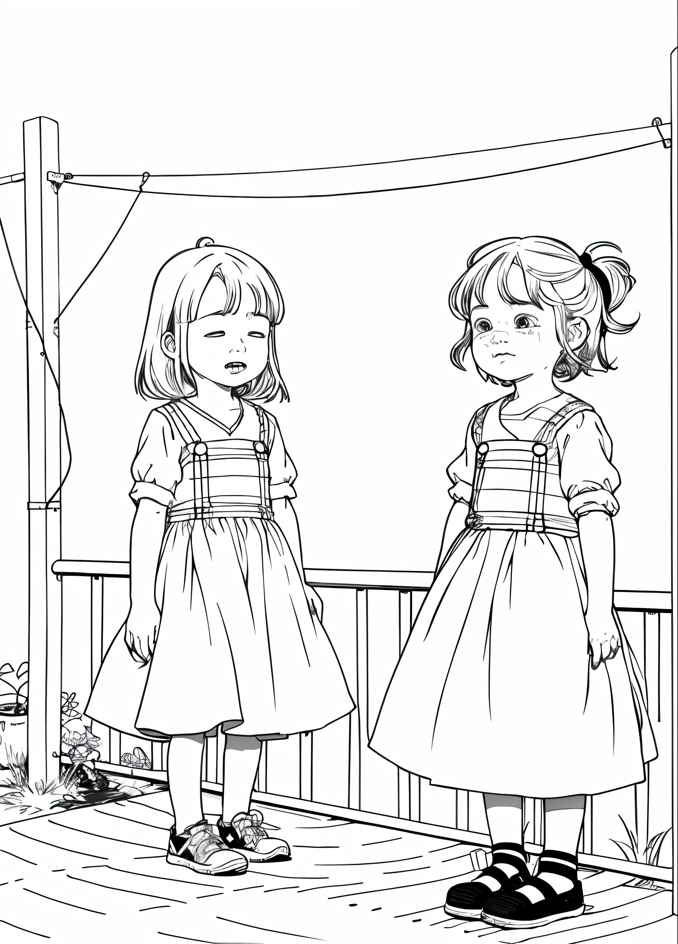 A picture of two  girls because of the difference，Drawing of a headache crying under a clothesline full of rag dolls, drawn with a single line, drawn in microsoft paint, Simple line art, weird scribbles, one line art, Line sketch, thin line art, minimalist line art, scribbled, badly drawn, badly drawn, single line drawing, Simple drawing, scribbles, Simple lines of art, a drawing