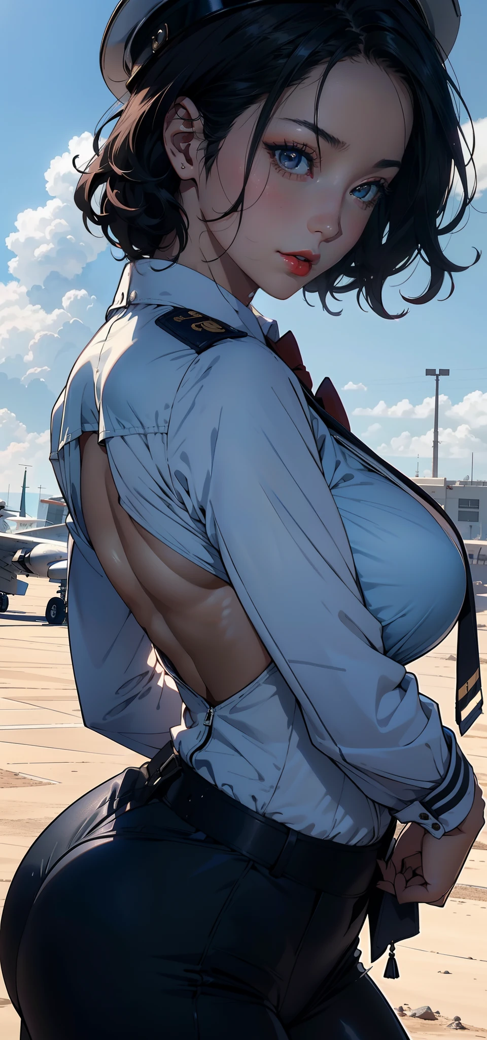 1female，35yo，plumw，extremely large bosom， 独奏，（Background with：A desert，aerodrome，Planes） She has very short black hair，bobo head，Stand on the plane，，seen from the front， curlies， mostly cloudy sky，（（（tmasterpiece），（Very detailed CG unity 8K wallpaper），best qualtiy，cinmatic lighting，detailed back ground，beatiful detailed eyes，Bright pupils，Black eyes，Snow-white skin，Redlip（Very fine and beautiful），（Beautiful and detailed eye description），ultra - detailed，tmasterpiece，）），facing at camera，A high resolution，ultra - detailed），revealing breasts，Bare genitalia，  Bulge，legs are open，Raised sexy，Camel toes，Flushed complexion，Desire for dissatisfaction，frontage，us airforce，Aviator，military officer（Wearing：blazer jacket，Gold wire embroidery，tailcoat，neck bowtie，Black pantyhose，Bare breasts）