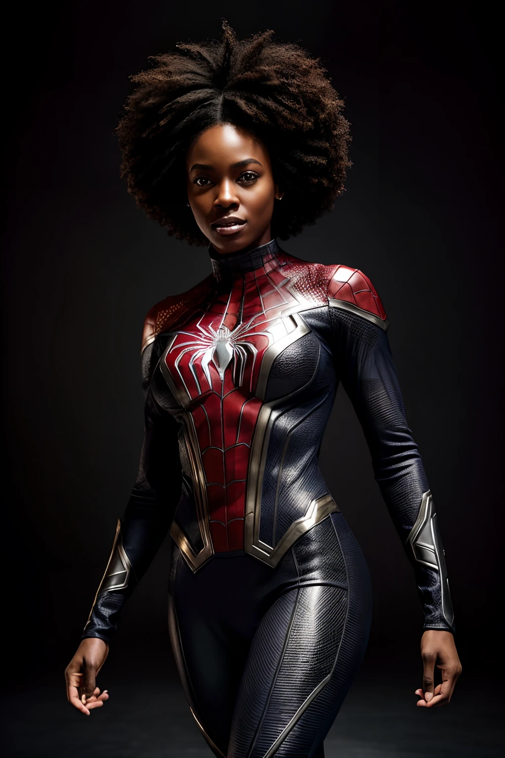 Create an extraordinarily detailed and fantastically realistic image portraying a black woman as a superhero, vestido como Mulher-Aranha da Marvel. O foco deve estar no rosto dela, showing his beautiful features and a subtle, Sorriso Confiante. The costume should reflect Marvel's iconic Spider-Woman costume. Place the character against a black background to emphasize their presence. Use the studio's chiaroscuro lighting to add depth and atmosphere to the image. Render this composition in an impressive 8K resolution, ensuring exceptional clarity and precision in portraying the strength and grace of black women as superheroes;;.