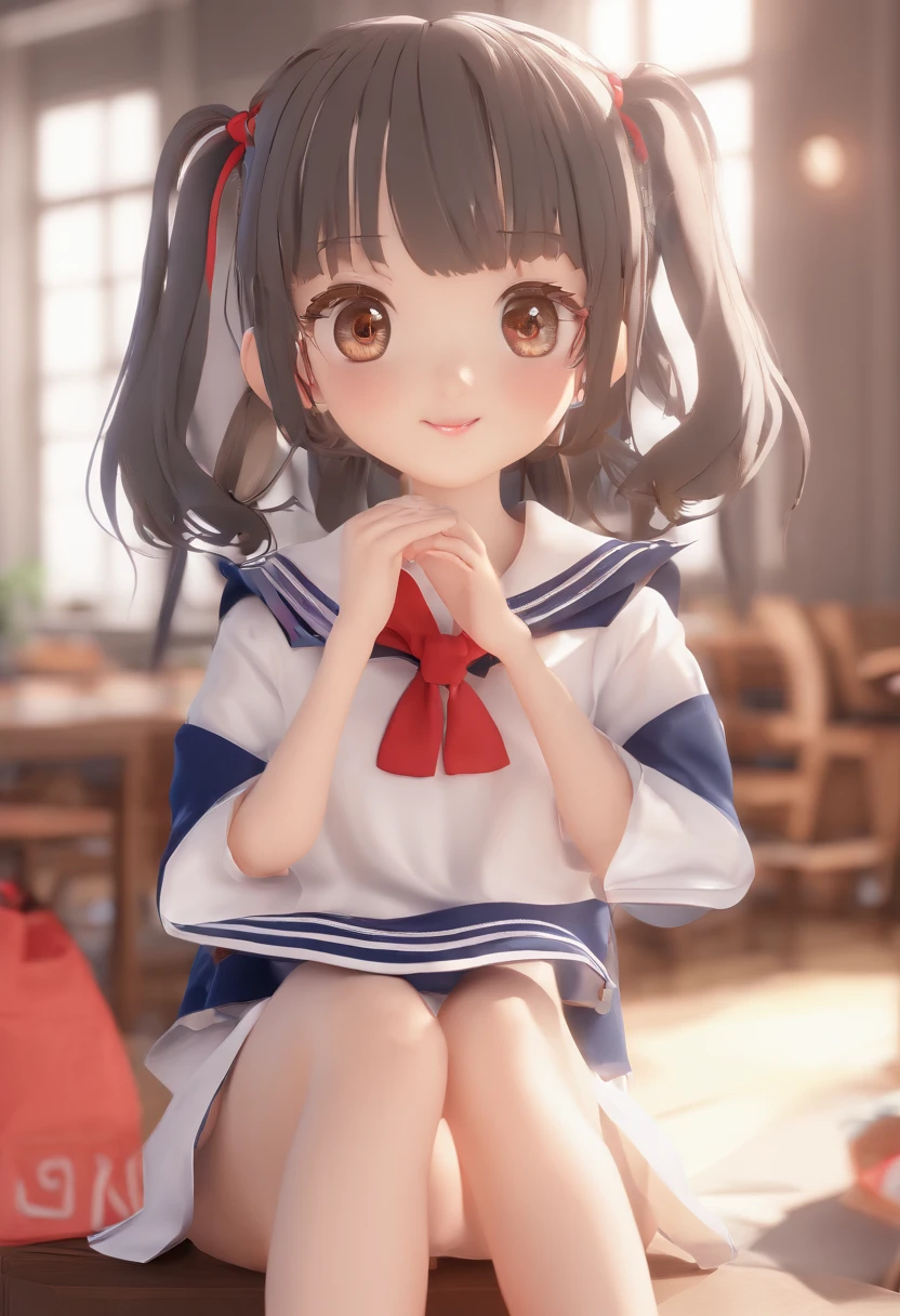 Adorable, (Sailor Suit), japanaese girl, in a school, knees up, Show me your beige panties, Low contrast, (Smile:0.8), very detailed face and eyes, Best Quality, 超A high resolution, photographrealistic, ultra-detailliert, 8K, Raw photo