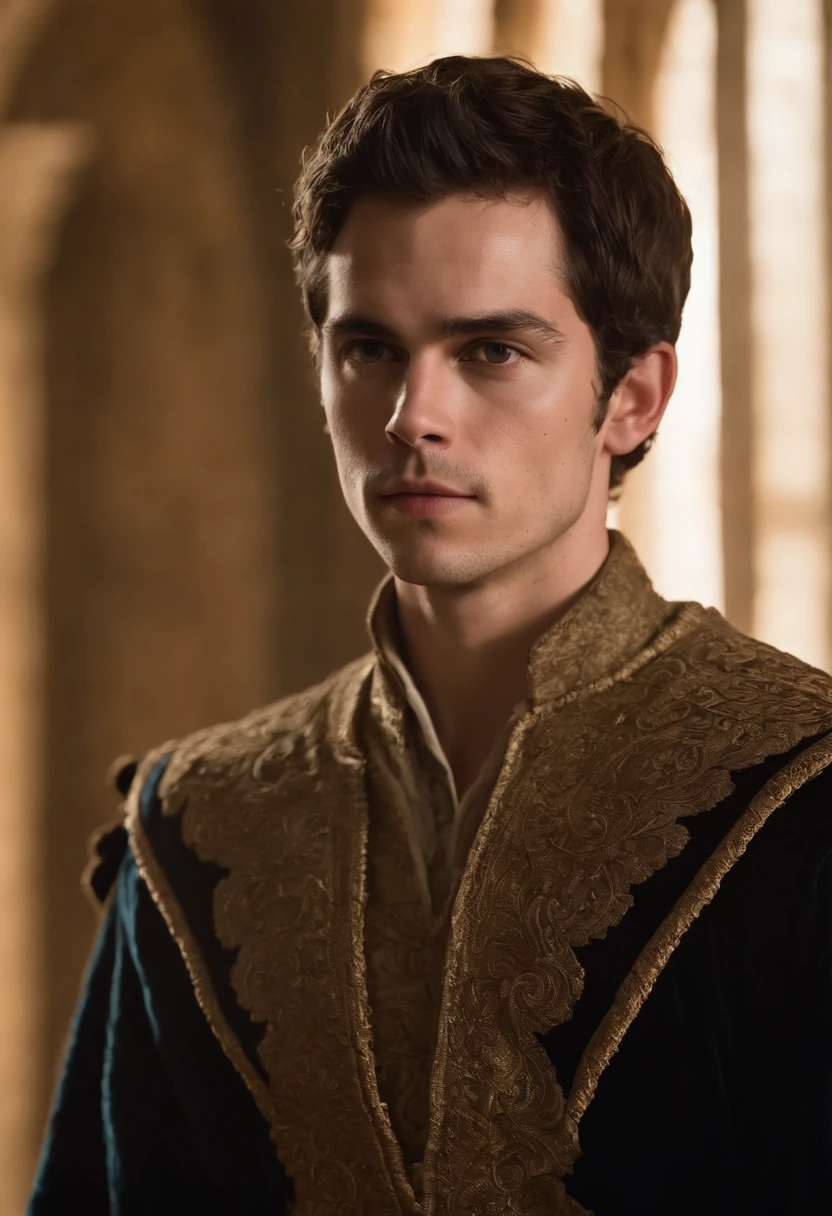 Dylan O'Brien as a prince, ruivo, olhos vidrantes,sentado em um trono. Roupagem de pelos de lobos,luxuoso. Fantasy from medieval times