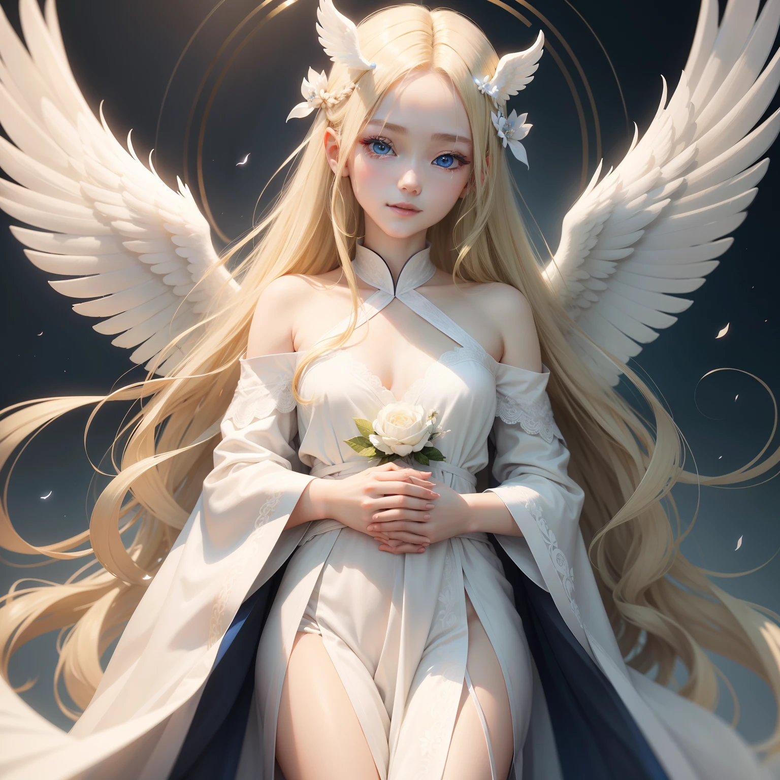 angelicales、White ring on the head,、Hair is blonde、long、Eyes are blue、robe blanche、White wings on the back、Beautiful facial features、Gentle smile