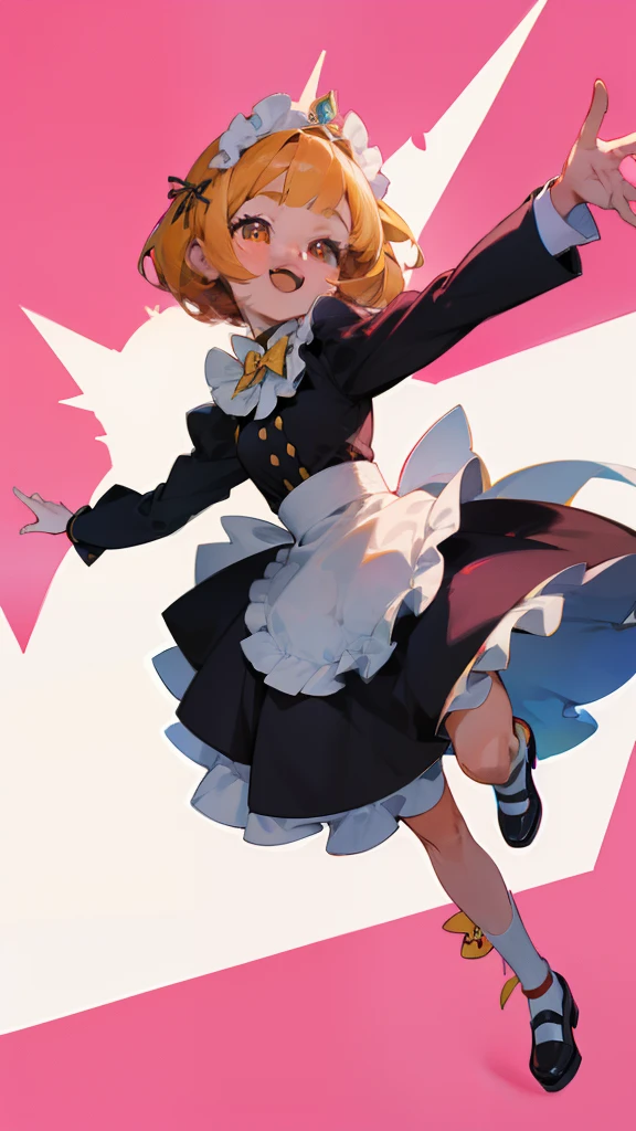 Chica gato kawaii, ojos marrones, pelo corto marron, dynamic poses, ilustracion colorida, fondo colorido, ojos grandes brillantes, cara angelical, sonrisa enorme, chica inocente, traje kawaii, Cola de gato, Orejas de gato, Pose kawaii, 18 yo girl, traje de maid, sirviendo algo