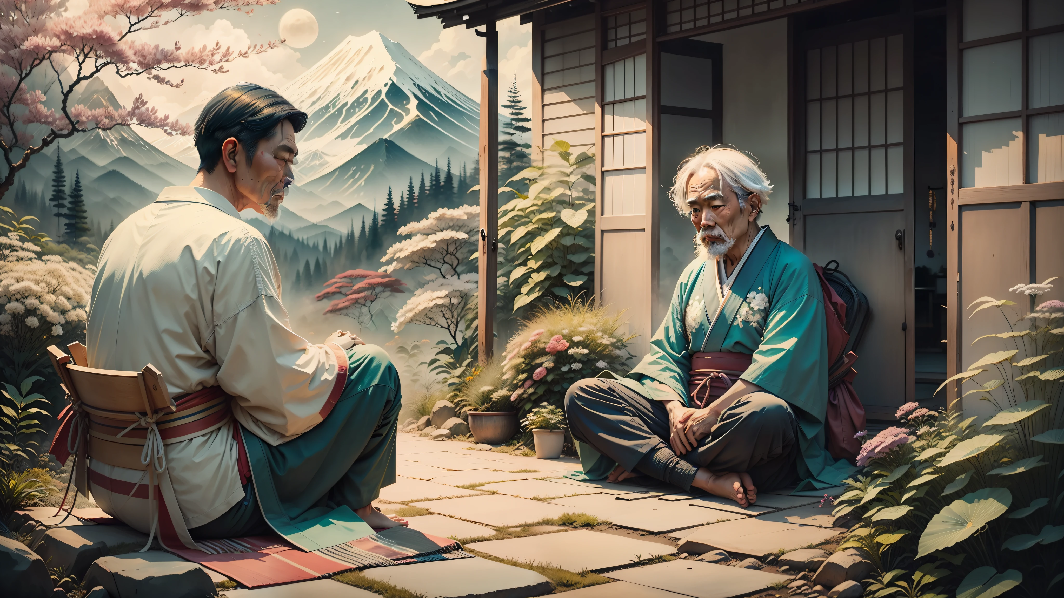 old japanese man, wearing antique blue and white kimono, sitting on the lawn of a garden, surrounded by plants and flowers, in front of the japanese man is an asian man 30 years old, wearing pants and kimono, (the 2 men are talking) back of the picture an old japanese woman, mountains, sun, sitting meditating, expressionism, realism, contemporary art, realistic texture