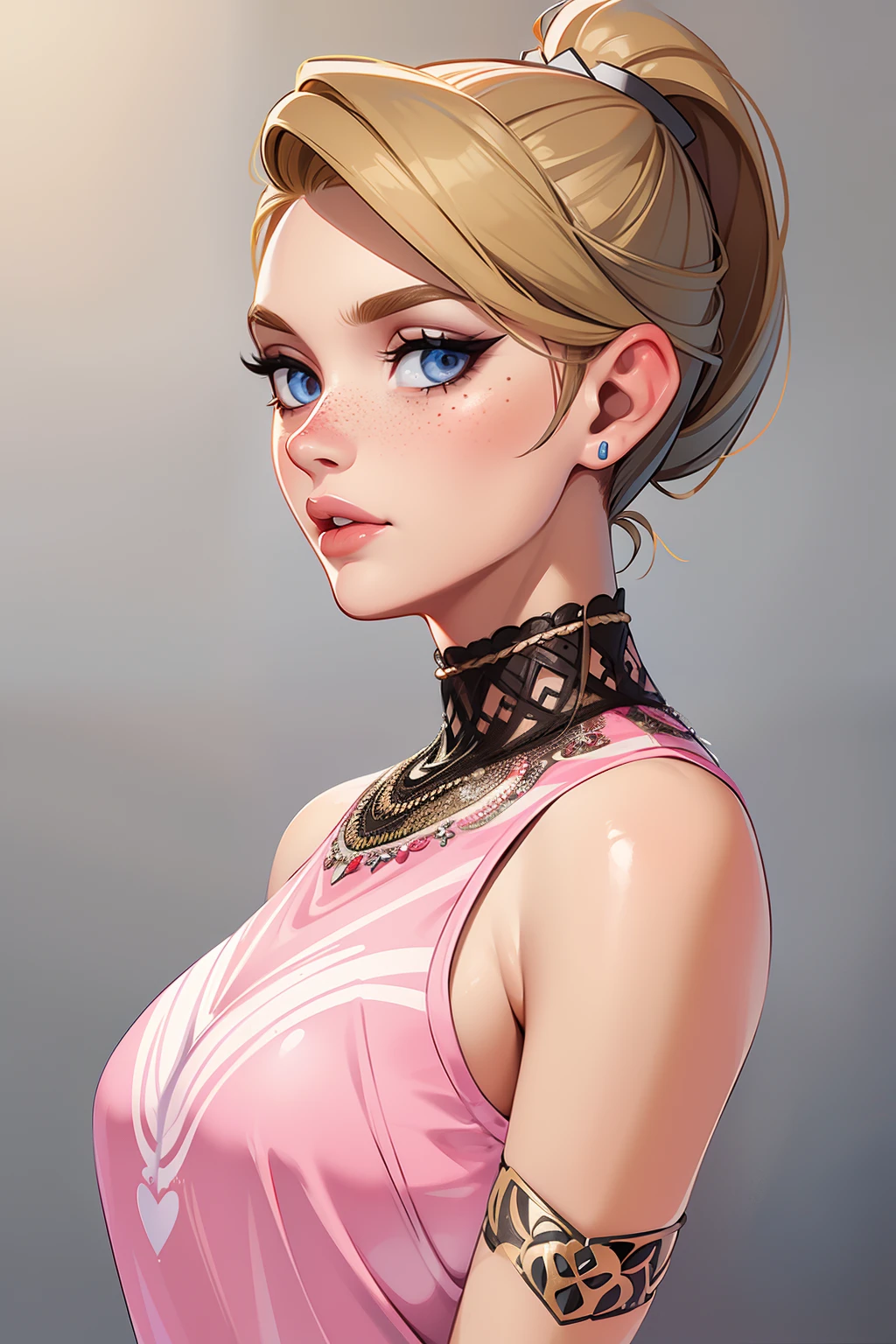 Rosto de uma mulher, americana, 25 anos, pale skin and freckles, olhos cinzas, nariz delicado, soft and delicate lips, cabelo blondie cinza ponytail