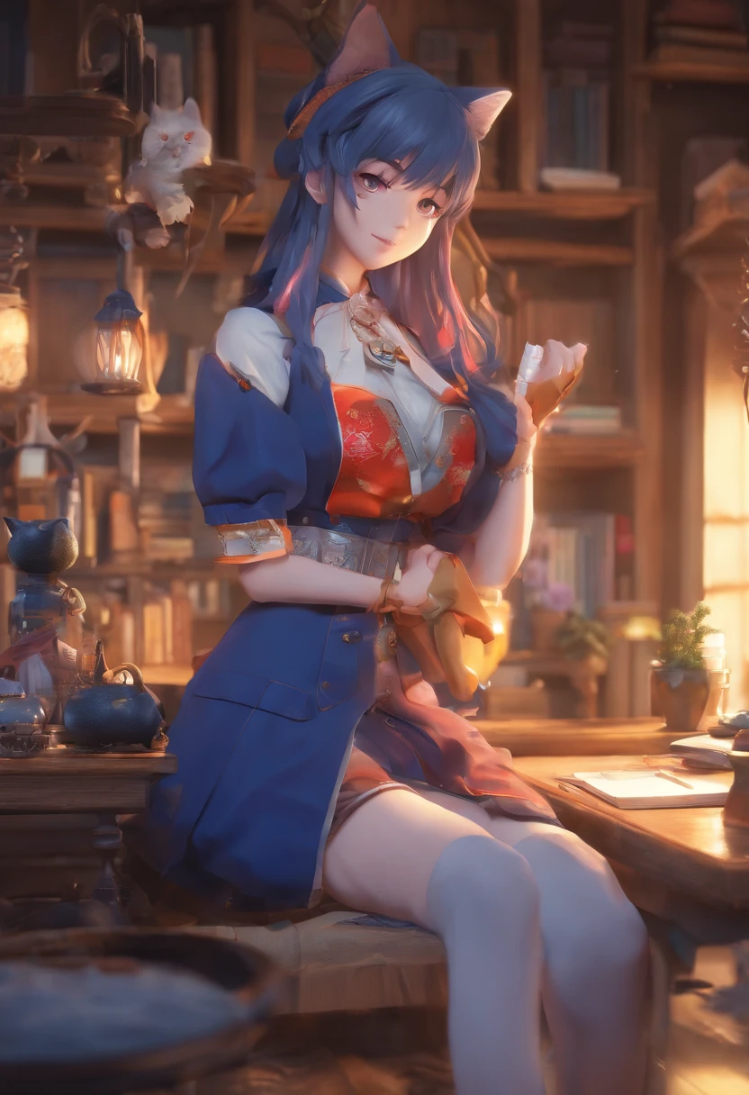 Anime girl sitting on table,There is a cat on his lap, Ayaka Genshin impact, Genshin, Keqing from Genshin Impact, Guweiz on ArtStation Pixiv, Guweiz in Pixiv ArtStation, trending on artstation pixiv, ayaka game genshin impact, Extremely detailed Artgerm, blue scales covering her chest