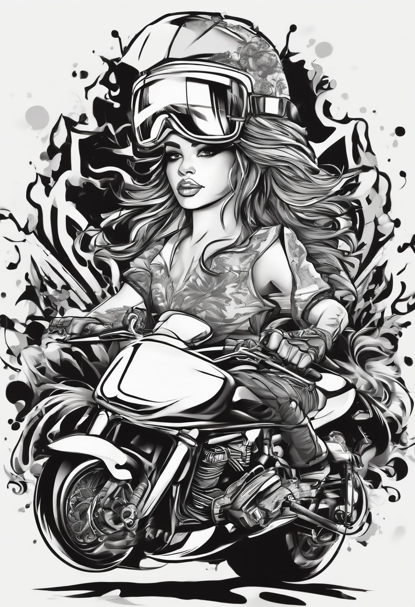 (Black and white doodle style cartoon) Holy Death, goddess of the underworld, mexican skull face, motorcyclist, long wavy hair, Ox skull, Pernambuco 
