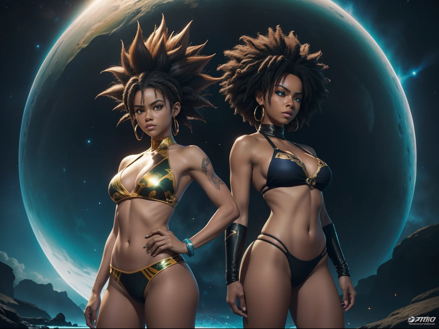 Three women in bikini and tie posing for photo, epic 3 d oshun, Estilo afrofuturismo, Realistic bikini, Afrofuturista, afro - estilo futurista, anime afro futurismo |, Futurismo Afro, Anime estilo 3D, deviantart artstation cgscosiety, Afro Futurista, 3 d render stylized, Cores da Jamaica, epic 3 d yemaya, Woman in Afrofuturist bikini posing for photo, wearing two - piece swimsuit, pele escura, mulher negra, full body shot in bikini, Rainha africanoa, corpo grande, de pele escura, bikini model, swimsuit model, is wearing a swimsuit, africano, thicc, mulher africanoa, mulher jovem negra, Jamaican vibe, marrom, afro Dragon Ball Goku Wallpapers Dragon Ball Goku Wallpapers, Goku Feminino, menina saiyajin, Super Saiyajin, indo super saiyajin, Super Saiyajin 3, fan art, Arte HD, estilo anime 4K, Super Saiyajin Goku, badass anime 8 k, estilo de 
In a dimension where stars collide, the legendary Orochi serpent emerges as an embodiment of celestial fury. Its body is a symphony of radiant colors, mirroring the birth of stars. Its eyes blaze with cosmic fire, and tendrils of energy arc around its form like ethereal lightning. The serpent's presence muito graciosa que está emitindo sons coloridos de ultrassomcommands both awe and fear, as it harnesses the power of the cosmos itself, Amidst a cosmic maelstrom, where gal Bold graphic illustration, Tattoos of bright constellations, fantasia sombria, , luzes escuras, pesadelo, noite estrelada, splash art, foto, 8k, filmed on Canon 1DX camera, lente 50 mm f/2.8, raw bright constellations on your skin and face, mortal, totalmente tatuagens brilhantes, constellations, Expression art of dragon ball, Anime HD, Poster de Anime 3D, DBZ, Super Sayan, Super Sayian Goku de corpo inteiro, detalhes muito altos, 8K, profundidade de campo, fotografia behance , cinematic color grading, cinematic  composition, alto contraste, 5D, estilo pixar, ultra sharp, luzes globais, retoque, 3D, -uplight ​