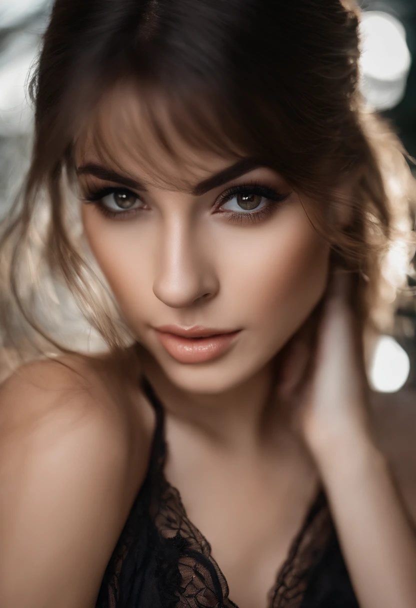 (Top Quality, 8K, Masterpiece: 1.3)), (1 person: 1.4), 1girl, american girl, Goddess, 19 years old, portrait photography, high contrast, divine perspective, aperture F1.2, focal length 24mm, upper body, photo pose, fine lace, slip dress, black satin slip dress, brand dress, simple cut, long brown hair, hair tying, ultra detailed skin details, looking at the viewer, looks like a highly attractive hollywood star