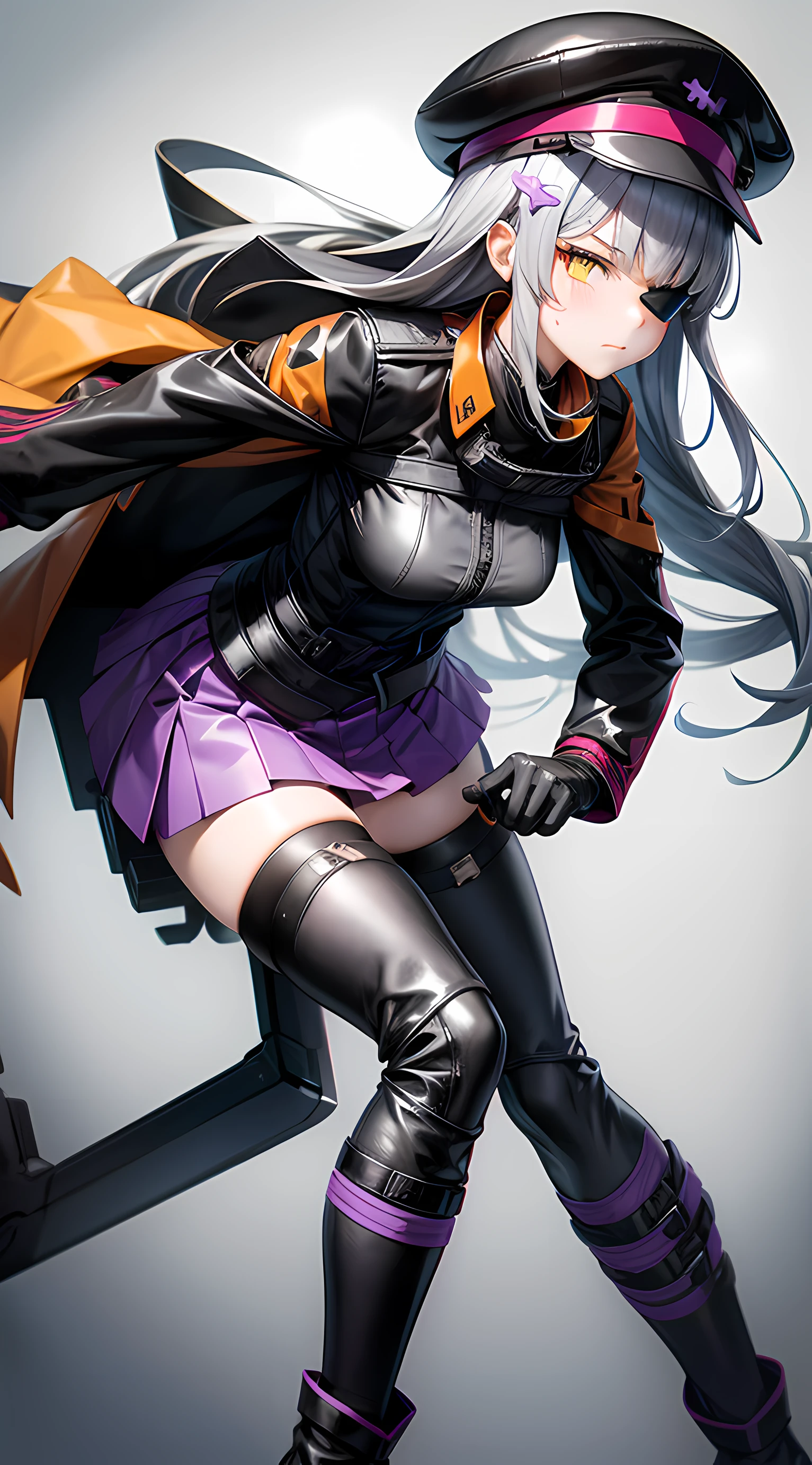 Location battlefield. Two girls fight each other. Girls Frontline M16A1 is brave and serious. He is tall and has a blindfold on his right eye and cuts on his right cheek. It has long braided black spots and some orange stripes. She has a lemon yellow shirt and a leather jacket on top of it. She wears a black pleated skirt, knee pads and military boots, and a thigh-high stocking on her left leg. And she fights her rival. Girls Frontline Hk416. She is a medium height cold girl and sensitive, she is a military tactical doll, she has a black hat with red line and purple jacket with black arm parts, right thigh a brown peastol case with USPS HANDGUN, in her arm a HK416 assault rifle, white gloves, mini purple skirt with thigh black stockings, high-heeled boots. She has long silver hair and there are cross-shaped hairpins on both sides of her hair