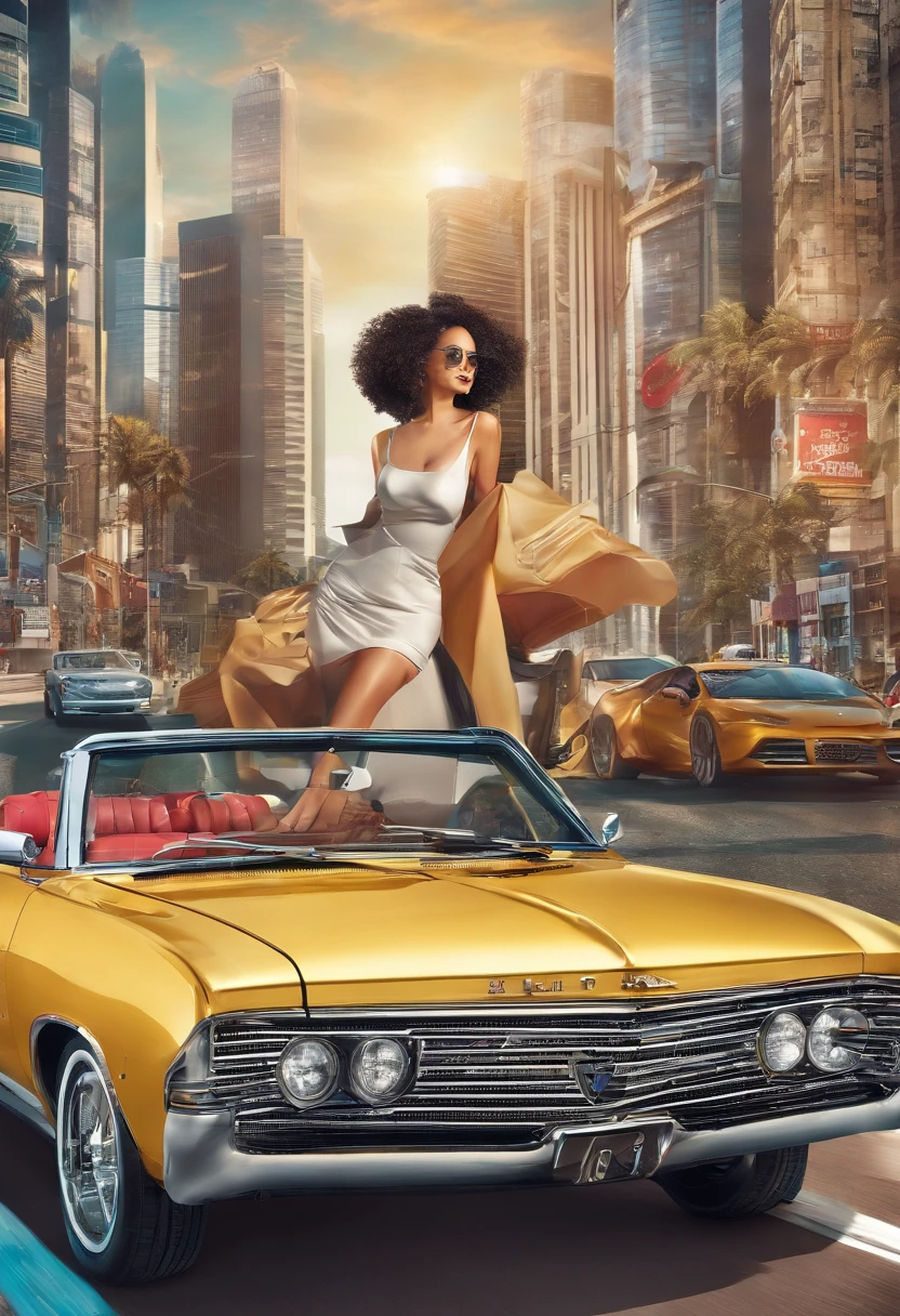 1 mulher bonita, modelo, ((A modern convertible car)), escrito "Gurgel", estilo quadrado, cor grafite, In the city of São Paulo, Auto Show, Cinematic setting, Colors: oil and silver, alta qualidade, 8k, luz solar, cinemactic, fotografia, estilo de propaganda, hiper realista --auto