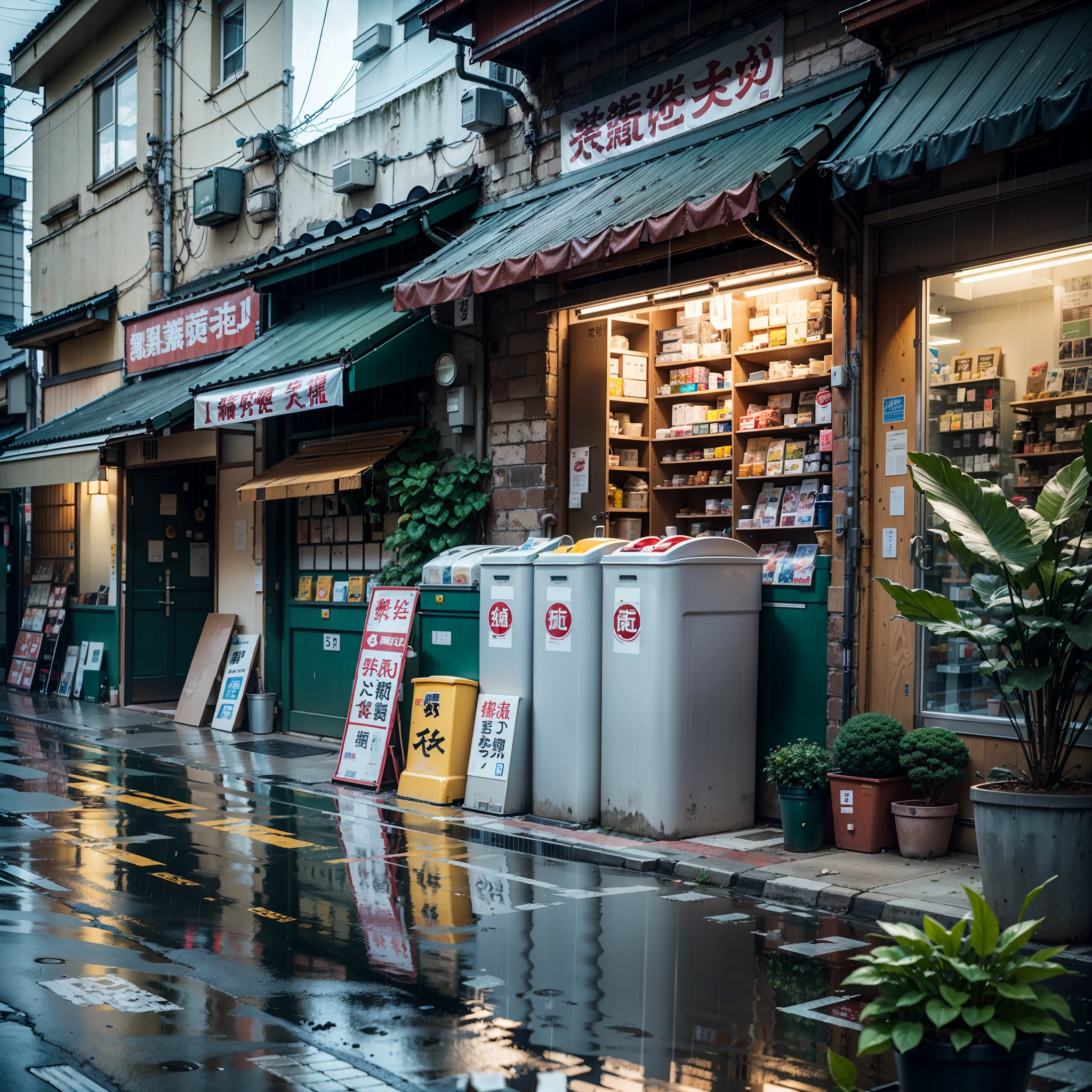 open car trunk in the middle modern, urban, empty Japanese street. Anime background, anime, anime style. trash cans, plant pots, drains, air vents, air ventilation systems, gutters, pipes, wires, big Japanese shop signs, retro Japanese shop banners. (no one :1), no one in sight. gloomy weather, rain, heavy rainfall, heavy rain, puddles. best quality. no faces