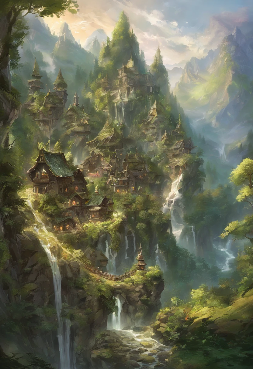 Gracefully nestled in the jagged embrace of towering, Green Mountains, This ethereal elf village is a testament to the harmonious connection between elven craftsmanship and nature. Gegen den Steilhang gelehnt, Emerald green terrain, Its houses and paths are a masterful blend of elven craftsmanship and the robustness of stone and marble. Aufwendig, Wendeltreppen aus fein poliertem Marmor verbinden die Behausungen, while slender bridges of intricately carved stone span glistening streams and cascading waterfalls, Verbinden der Stufen dieser Waldsiedlung.

The houses of the villagers are formed from the mountains themselves, Its walls are made of sturdy stone and decorated with delicate marble reliefs, depict the scenes of the beauty of nature. Towering columns of gleaming marble support intricately carved wooden balconies, wo sich die Bewohner versammeln, to communicate with the breathtaking views of towering peaks and tranquil valleys. Vine and ivy strands, Sorgsam kultiviert, Verfolgen Sie ihren Weg die Steinmauern hinauf, Verleihen Sie den herrschaftlichen Bauwerken einen Hauch von Anmut der Natur.

Jenseits der Umarmung der Berge, A dense forest of ancient oaks and silver-leaved aspens stretches out its green fingers towards the village. Hier, Die elfischen Bewohner finden Trost und Nahrung, Collecting herbs, Viehfutter, and the finest woods for their graceful craftsmanship. The air is a tapestry of forest scents, imbued with the fragrant embrace of blooming wildflowers and the singing of countless birds.

In diesem Elfenparadies, where stone and marble stand both as a testament to their artistry and as a symbol of enduring strength, Die Dorfbewohner leben den Geist des Waldes vor, which they call home – resilient and resourceful, Tief verbunden mit den beeindruckenden Bergen und dem bezaubernden Wald, der ihre zeitlose Gemeinschaft wiegt.