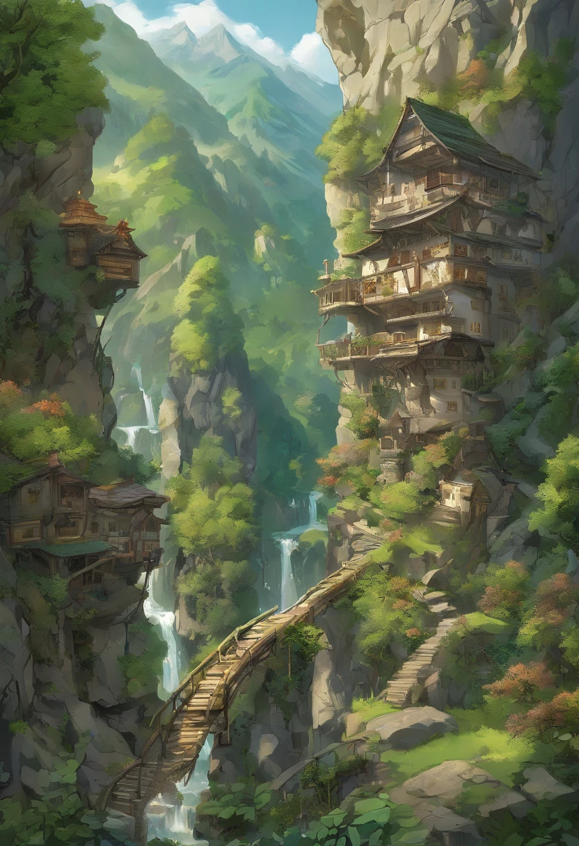 Gracefully nestled in the jagged embrace of towering, Green Mountains, This ethereal elf village is a testament to the harmonious connection between elven craftsmanship and nature. Gegen den Steilhang gelehnt, Emerald green terrain, Its houses and paths are a masterful blend of elven craftsmanship and the robustness of stone and marble. Aufwendig, Wendeltreppen aus fein poliertem Marmor verbinden die Behausungen, while slender bridges of intricately carved stone span glistening streams and cascading waterfalls, Verbinden der Stufen dieser Waldsiedlung.

The houses of the villagers are formed from the mountains themselves, Its walls are made of sturdy stone and decorated with delicate marble reliefs, depict the scenes of the beauty of nature. Towering columns of gleaming marble support intricately carved wooden balconies, wo sich die Bewohner versammeln, to communicate with the breathtaking views of towering peaks and tranquil valleys. Vine and ivy strands, Sorgsam kultiviert, Verfolgen Sie ihren Weg die Steinmauern hinauf, Verleihen Sie den herrschaftlichen Bauwerken einen Hauch von Anmut der Natur.

Jenseits der Umarmung der Berge, A dense forest of ancient oaks and silver-leaved aspens stretches out its green fingers towards the village. Hier, Die elfischen Bewohner finden Trost und Nahrung, Collecting herbs, Viehfutter, and the finest woods for their graceful craftsmanship. The air is a tapestry of forest scents, imbued with the fragrant embrace of blooming wildflowers and the singing of countless birds.

In diesem Elfenparadies, where stone and marble stand both as a testament to their artistry and as a symbol of enduring strength, Die Dorfbewohner leben den Geist des Waldes vor, which they call home – resilient and resourceful, Tief verbunden mit den beeindruckenden Bergen und dem bezaubernden Wald, der ihre zeitlose Gemeinschaft wiegt.
