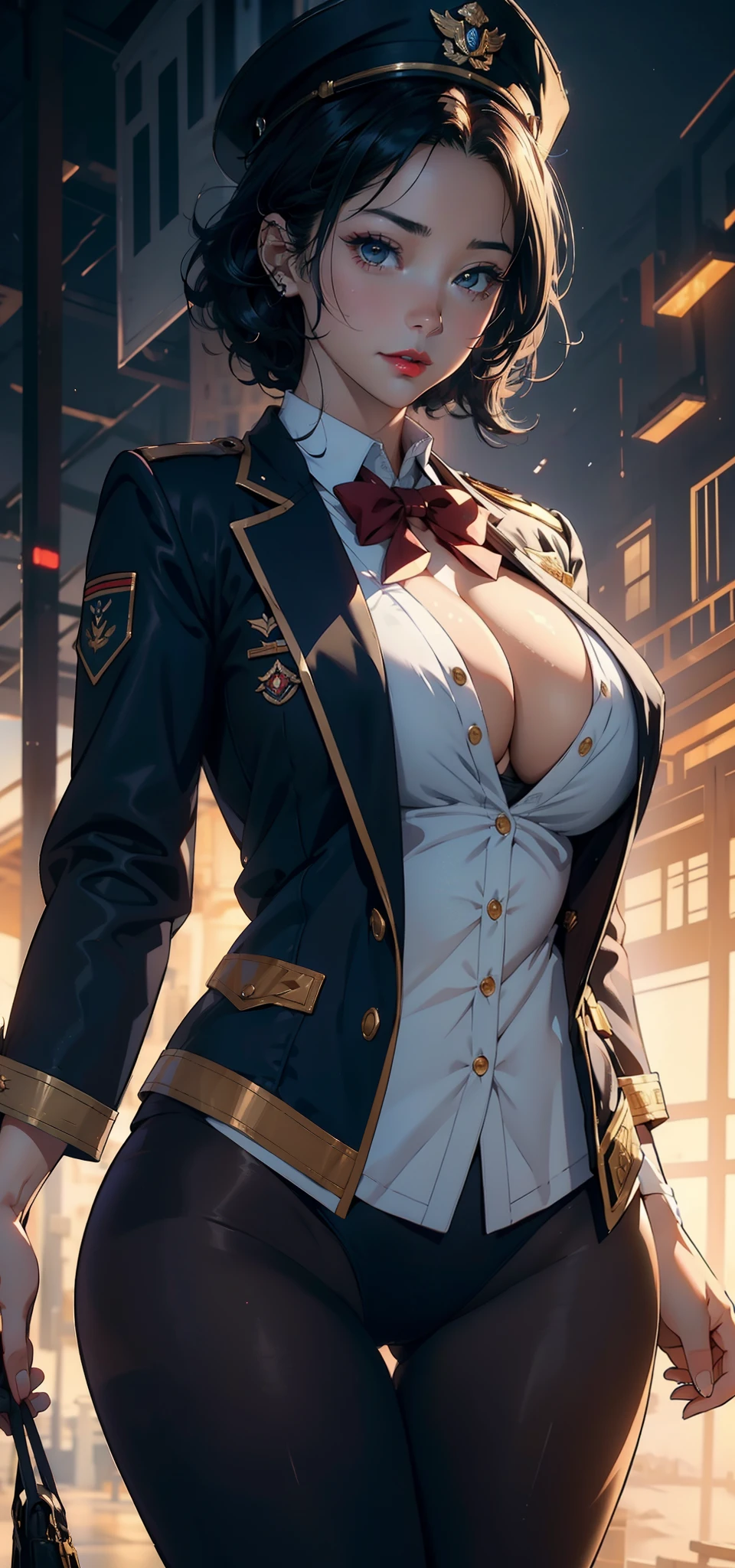 1female,35yo,plumw,extremely large bosom, 独奏,(Background with:A desert,aerodrome,Planes) She has very short black hair,bobo head,Stand on the plane,,seen from the front, curlies, mostly cloudy sky,(((tmasterpiece),(Very detailed CG unity 8K wallpaper),best qualtiy,cinmatic lighting,detailed back ground,beatiful detailed eyes,Bright pupils,Black eyes,Snow-white skin,Redlip(Very fine and beautiful),(Beautiful and detailed eye description),ultra - detailed,tmasterpiece,)),facing at camera,A high resolution,ultra - detailed),revealing breasts,Bare genitalia, Bulge,legs are open,Raised sexy,Camel toes,Flushed complexion,Desire for dissatisfaction,frontage,us airforce,Aviator,military hat(Wearing:blazer jacket,Gold wire embroidery,tailcoat,neck bowtie,Black pantyhose,Bare breasts)
