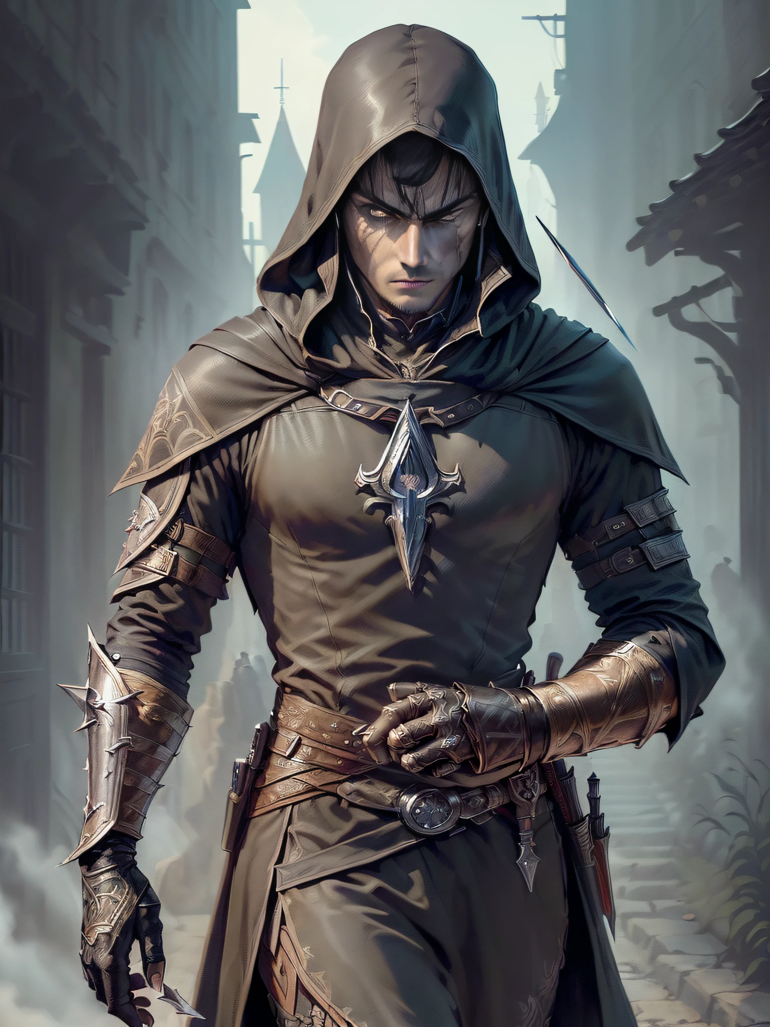 (superfine illustration, Best Quality, Ultra-detailed, Correct delineation, Perfect fingers, Perfect hands, Medieval fantasy illust:1.5), (skilled mysterious assassin:1.5), (Male Focus, Solo, male face, male eyebrow, sharp eyes, sharp nose:1.3), walk, get tired, (is wearing assassin costume:1.5), town as background, misty dawn,