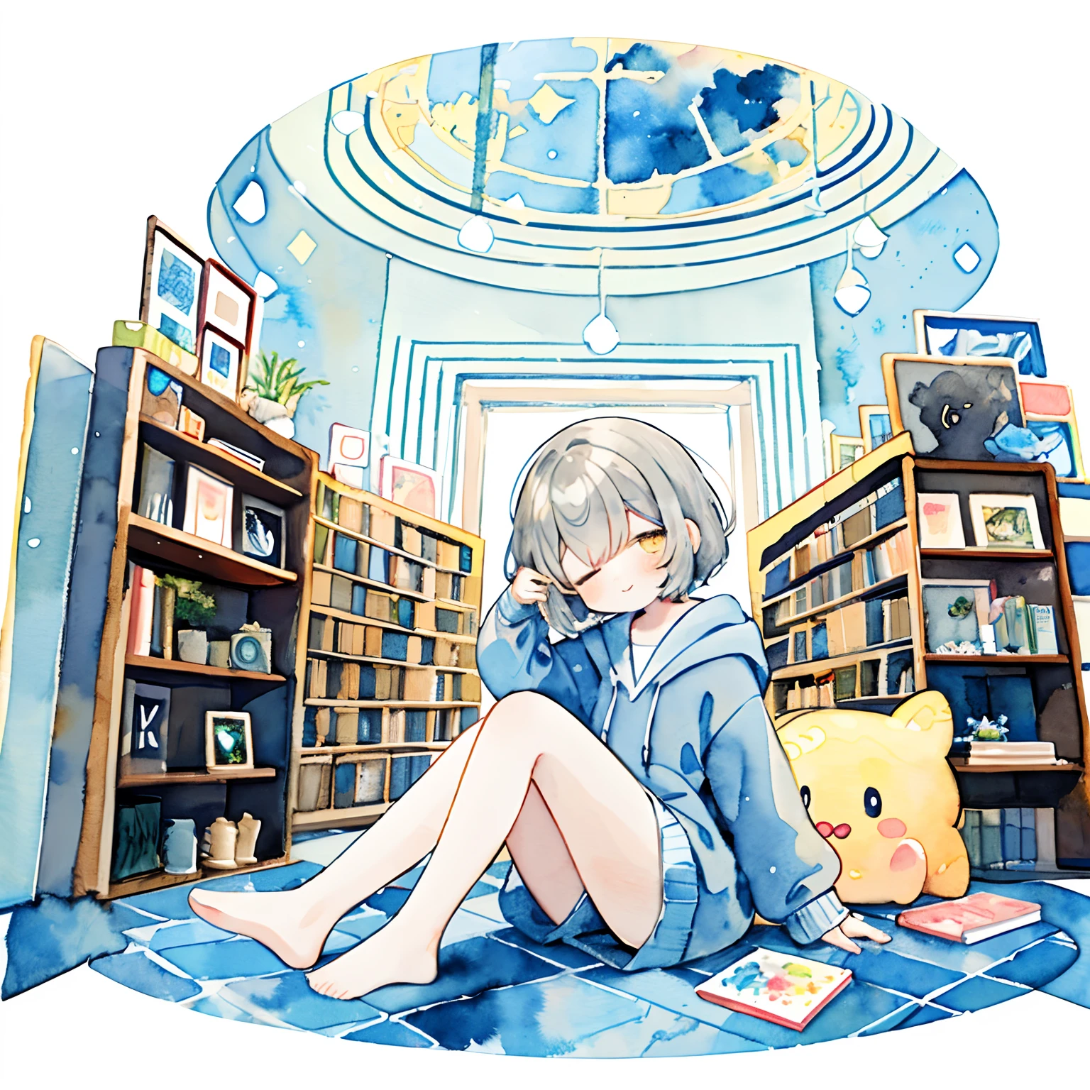 PastelColors:1.5)、(Cute illustration:1.5)、(watercolor paiting:1.2)、Light blue background、girl with、full body Esbian、a smile、Stranger、Pale yellow all over、Moya、marble、abyssal、The corals、the reef、Little light around、Particles of light、medium hair, grey hair, yellow eyes, hoodie, sitting, Closed-Eyes Smile, Pale skin, indoors, library, looking at viewer, thick outline, black outline, --niji 5 --style cute --ar 1:1 --s 500