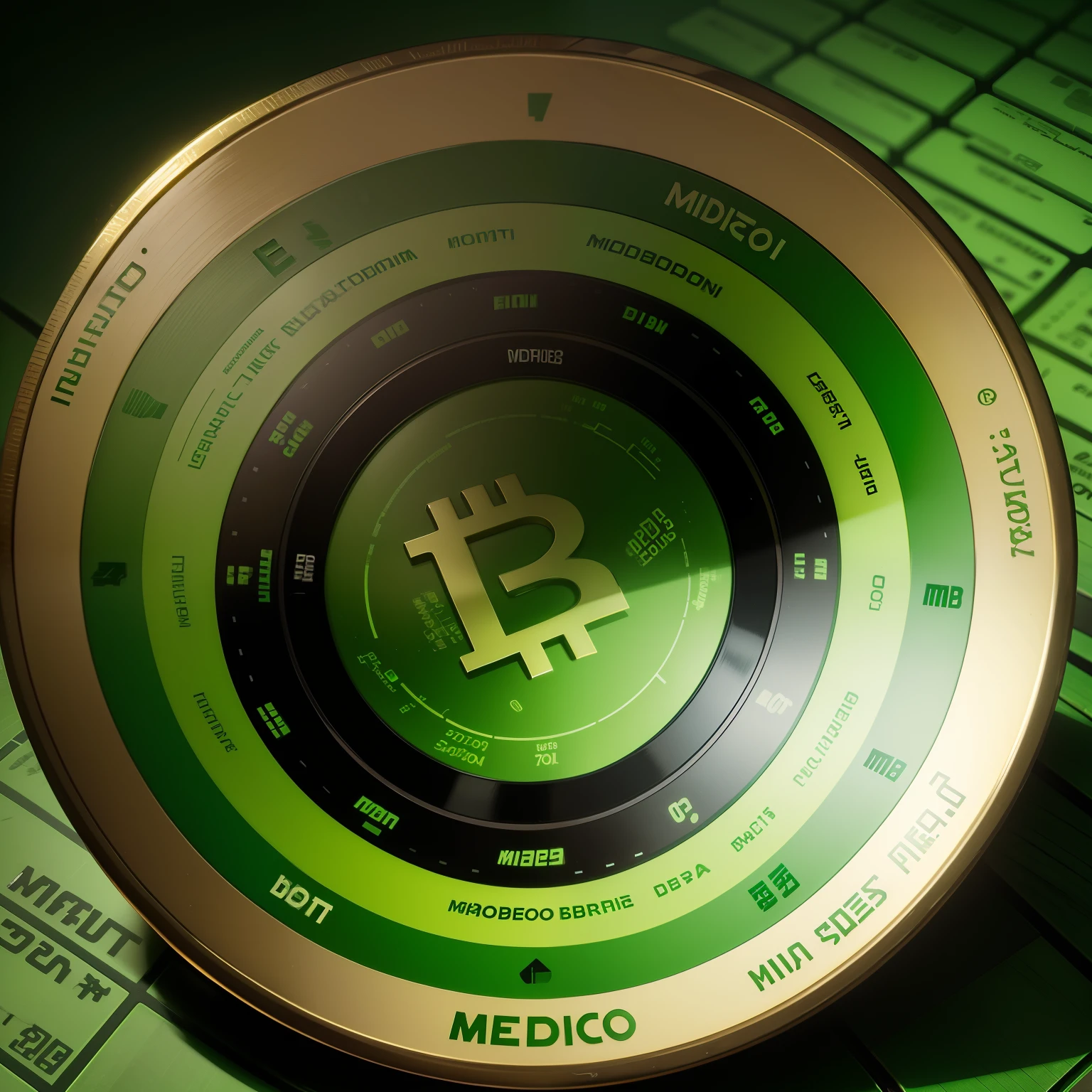 Imagem radar verde, imagem com moedas de Bitcoin, Promotion Phrase, Promotion written in the middle.