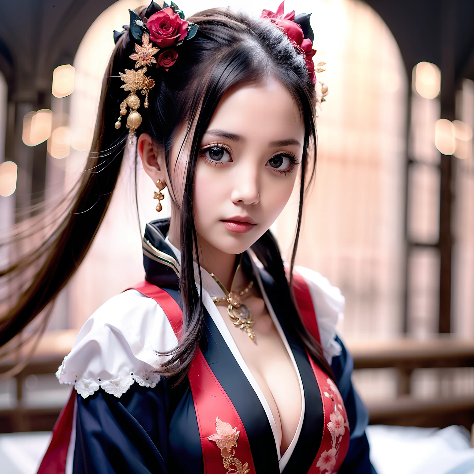 Draw real beautiful girls in Korea，Willow's eyebrows widened，黑The eye，Big breasts Thin waist，long leges，Refined face，ssmile，Plump physique，with fair skin，Tall figure，Dress coolly，Femme and moving。Soft photographic colors，unreal-engine，Cinematic，8K分辨率，Complicated details，Beautiful，High degree of completion，extreme hight detail，Beautiful CG，Works of masters，ultra - detailed，#fully body photo#
