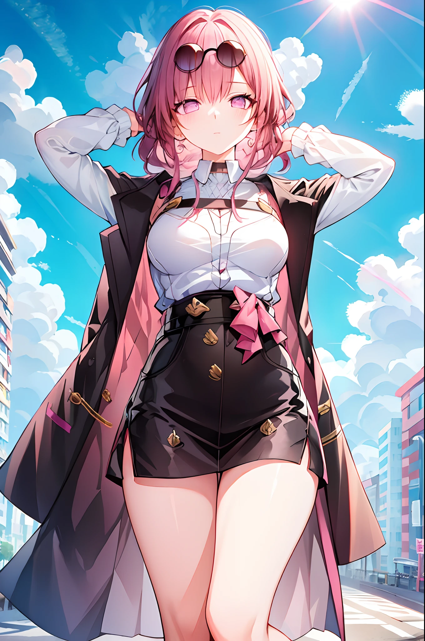 Masterpiece, Best quality, A high resolution, absurderes, 1girll, crowd, Skirt, Pink hair, Kasai Yuno, From below, Clothing that exposes, skin indentation, Outdoors, Sunlight, street, look away from the viewer, Blush, pink hair, white background, side view, sharp eyes, cat eyes, very sharp eyes, mad eyes, sexy eyes