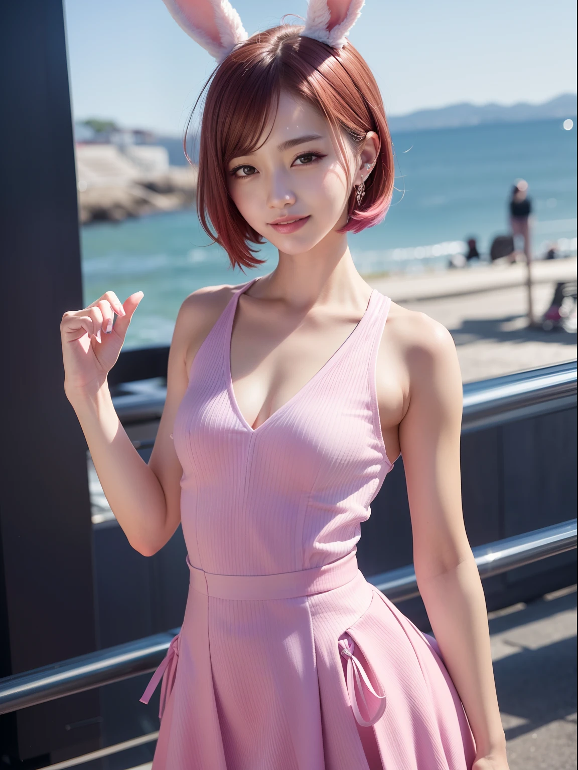ty、20sOL、tight skirts、Recruit Suit、Pink Shortcut Bob、Realistic rabbit ears、rabbit ears pink hair sticking out of the head,、Moisturized lips、Bewitching atmosphere、Beautiful shaped hands、age beauty、K-POP、Pink rabbit ears、1 girl in、独奏、masterpiece、top-quality、realisitic、Hyper-detailing、(Glossy skin:1.4)、Lustrous smile、Smiling eyes、Smiling lips、absurderes、Look at the camera、short pink hair、Slender beauties、动态照明、hight resolution、foco nítido、depth of fields、Detailed eye、Sharp eyes、Realistic eyes、(thick thight:1.0)、small tits、Beautuful Women:1.4、Slender Abs:1.2、((Short-cut bob hair))、((k pop:1.3))、Highly detailed facial and skin texture、((魅惑的))、Anatomically correct number of fingers、Correct anatomy、