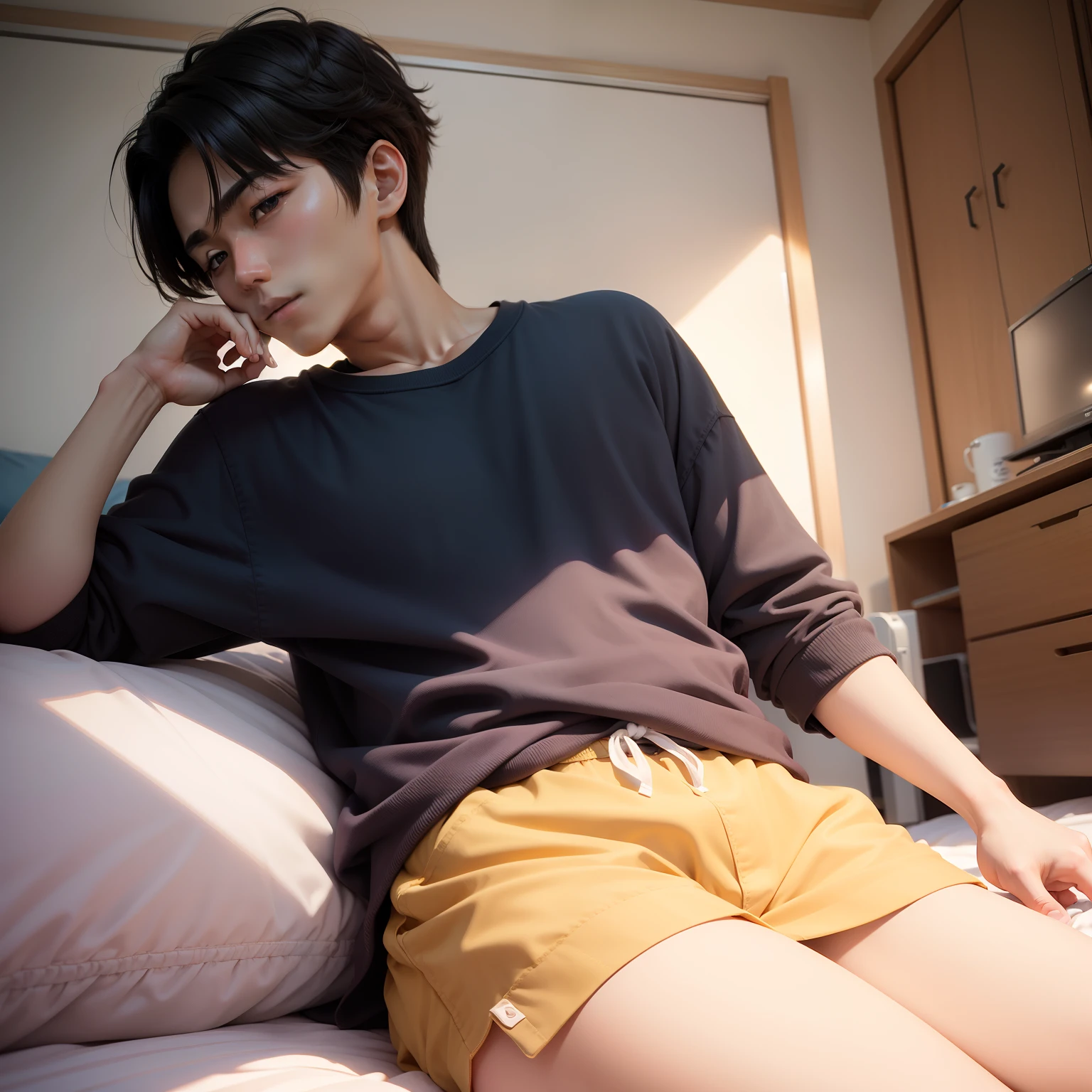 Get up、awakening、a bed、male people、25-years old