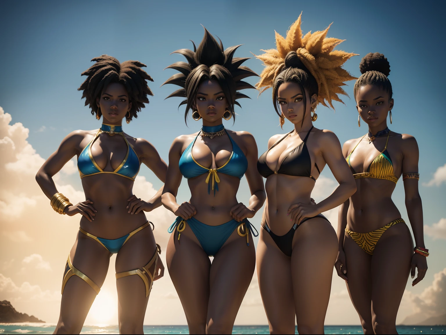 Three women in bikini and tie posing for photo, epic 3 d oshun, Estilo afrofuturismo, Realistic bikini, Afrofuturista, afro - estilo futurista, anime afro futurismo |, Futurismo Afro, Anime estilo 3D, deviantart artstation cgscosiety, Afro Futurista, 3 d render stylized, Cores da Jamaica, epic 3 d yemaya, Woman in Afrofuturist bikini posing for photo, wearing two - piece swimsuit, pele escura, mulher negra, full body shot in bikini, Rainha africanoa, corpo grande, de pele escura, bikini model, swimsuit model, is wearing a swimsuit, africano, thicc, mulher africanoa, mulher jovem negra, Jamaican vibe, marrom, afro Dragon Ball Goku Wallpapers Dragon Ball Goku Wallpapers, Goku Feminino, menina saiyajin, Super Saiyajin, indo super saiyajin, Super Saiyajin 3, fan art, Arte HD, estilo anime 4K, Super Saiyajin Goku, badass anime 8 k, estilo de arte de dragon ball, Anime HD, Poster de Anime 3D, DBZ, Super Sayan, Super Sayian Goku de corpo inteiro, detalhes muito altos, 8K, profundidade de campo, fotografia behance , cinematic color grading, cinematic  composition, alto contraste, 5D, estilo pixar, ultra sharp, luzes globais, retoque, 3D, -uplight  ​