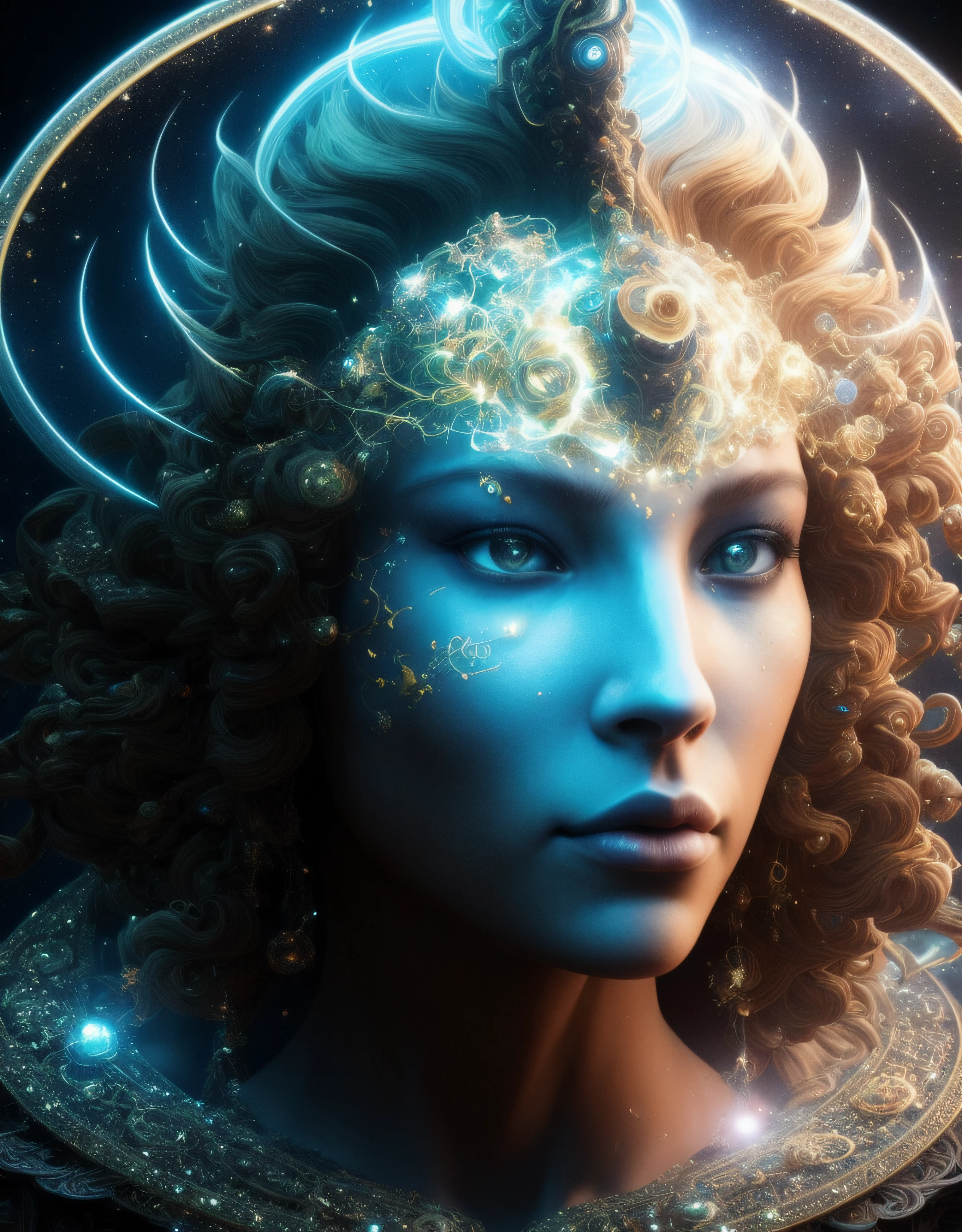 Algorithmically enhanced random close-up view of a cosmic being covered in powerful Ultra Arcane magic sigils wearing an intricate living lightning fractal mane and lavishly adorned attire reflecting tactical sun-motes and diamond moon shards, quasi-cosmic vortex sub-model, bright nebulae in the background, 7th-Sphere characterized, golden ratio-ed, inner bio-illuminated geometry, starkest contrast,flagrantly fibonacci formulated, dynamic bi-lateral asymmetry, super-critically unique, quantum feedback algorithm frenzy, hyper-realistic, post singularity AI imperative, ironically staggered data set, active 3D shading, lighting and focus, random 3D particle effects, rule of thirds, Unreal Engine 10, art station, Maximum Level of detail, concept art, art nouveau, 8k, Iridescent Primalight, Hawking radiation collector with lucidity crystallizer and grade A temporal accumulator, spontaneous Kozyrev Mirror refraction, cosmic ray visionary, innate Jail Break Protocol
