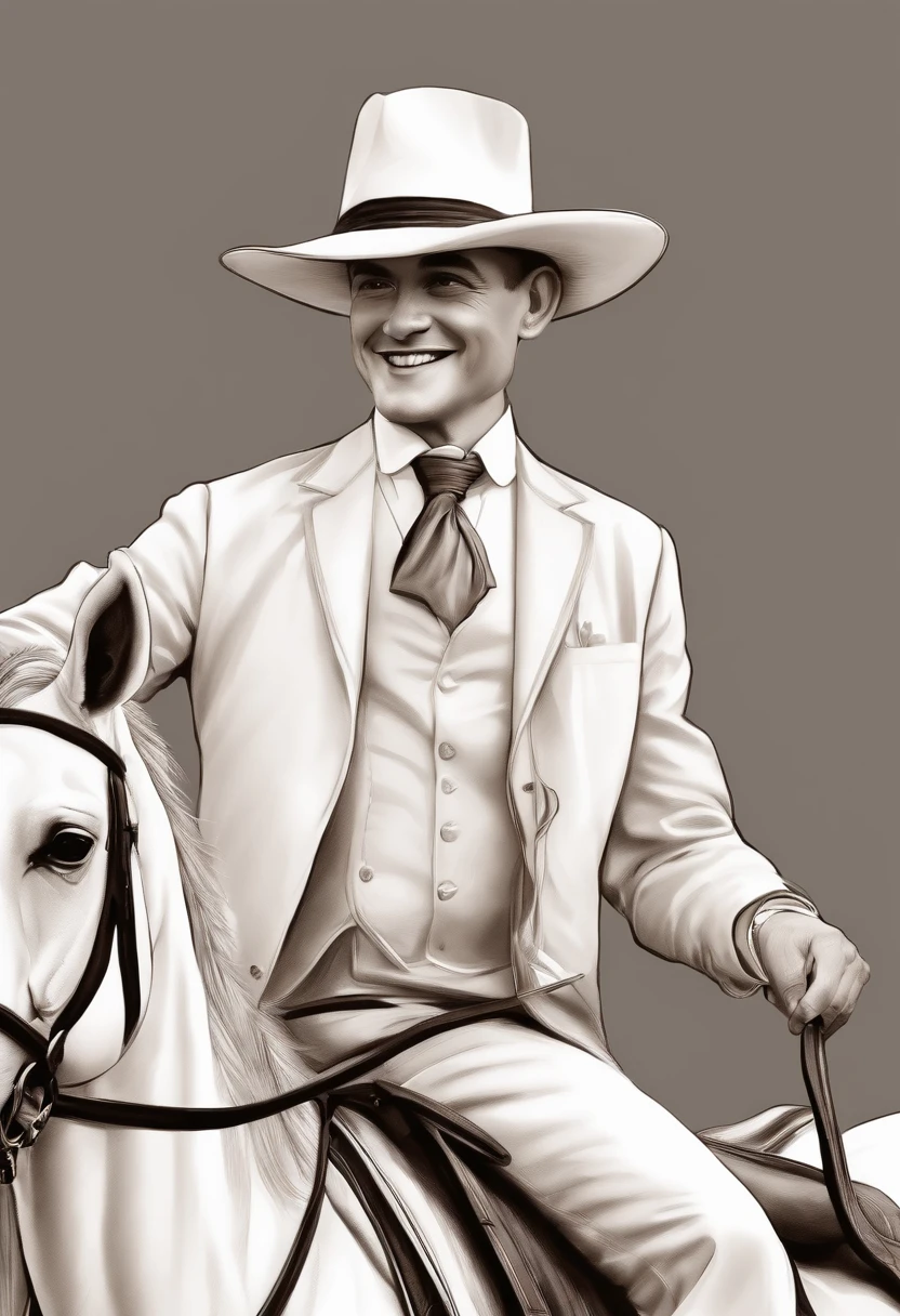 Caricature pencil man on horse, sorridente, vestindo roupas nordestinas,gibbon,Choir hat, Sketch style