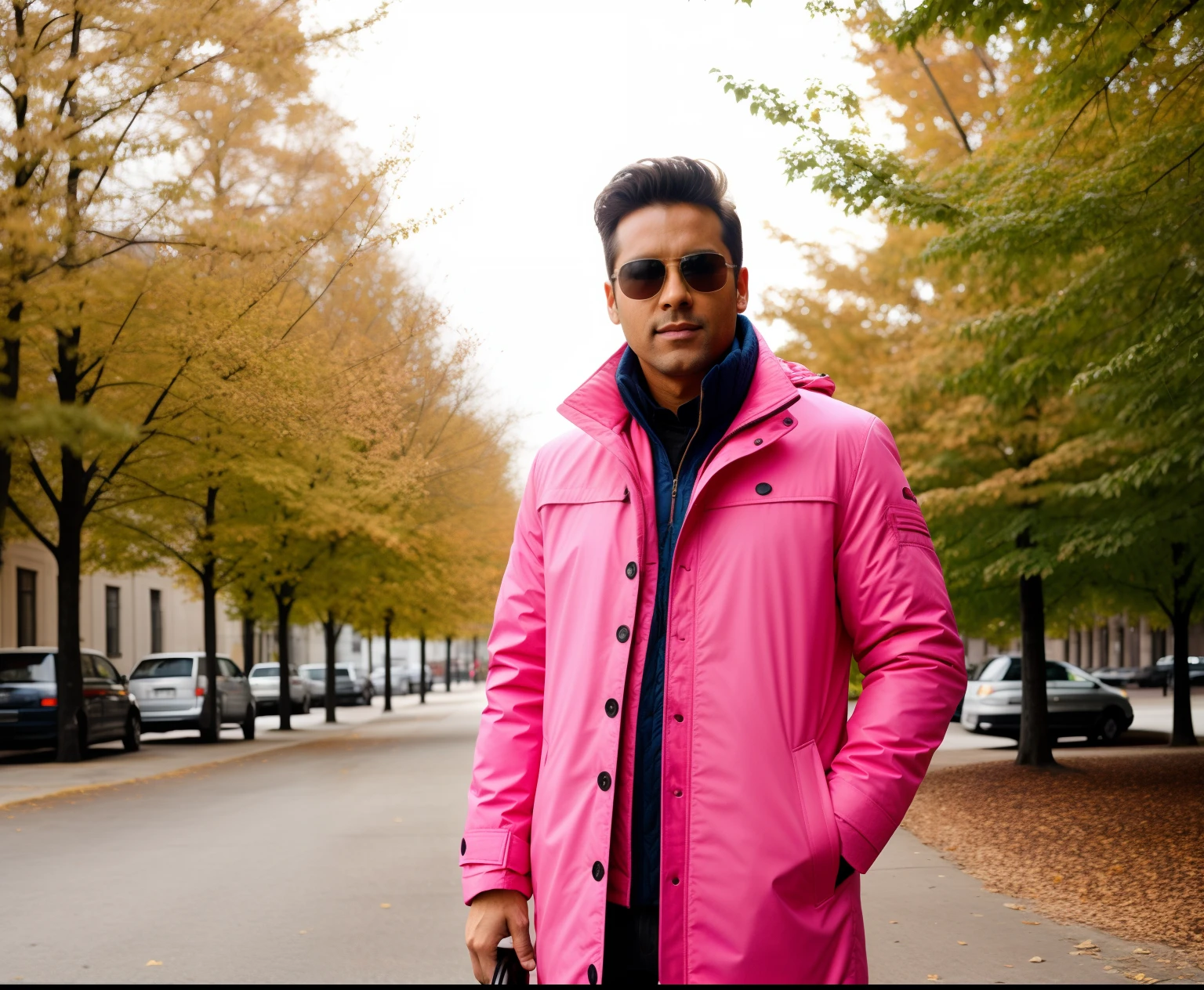 there is a man wearing sunglasses and a pink coat
