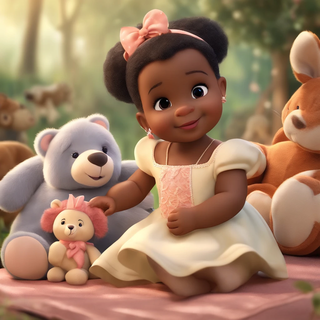 qualidade de imagem do filme,Disney Animation,style of disney animation,Disney film animation,Filmes 3D, watercolor, cartoon Cute and flufy for 2 years ,cute black ddler, black skin tone, dressed as a princess playing a tea party with adorable stuffed animals, sharp focus, teddy bear, stuffed unicorn, stuffed tiger, (surrounded by lots of stuffed dolls)old girl. --ar 16:9 --s 750 --v 5.2
