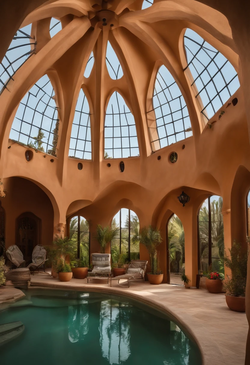 dome de vie au milieu d'un desert (rocheux), jardin verdoyant et piscine, dome maison, dome ecole, dome sport,