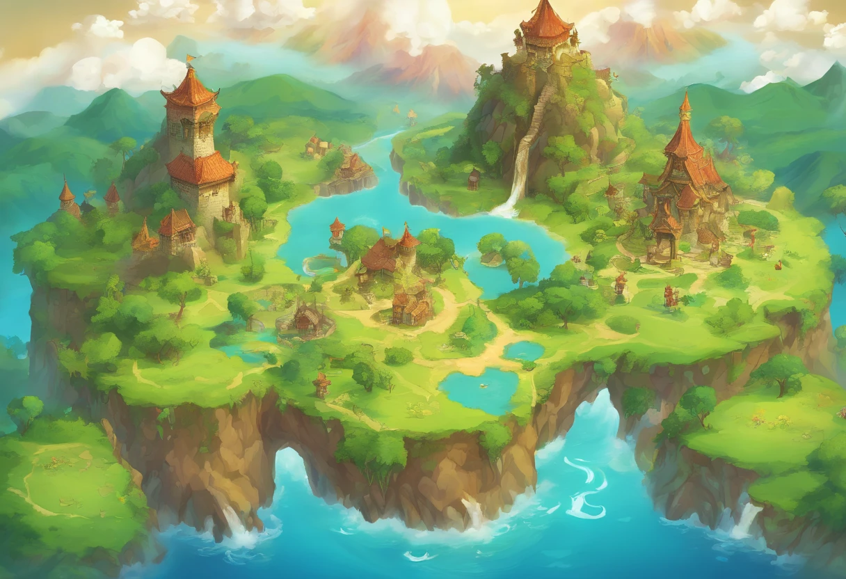 a group of flying islands, many floating islands, halo, game map, Hyrule, Ancient Fantasy Regional Map, Highly detailed map,Detailed Map, Height Map,world map、Isekai Map、Map of the Kingdom、Otherworldly Adventure K HD、meticulous、view from above, Spread up,pixel art, magic floating islands, castles and towers, waterfall in the air,
