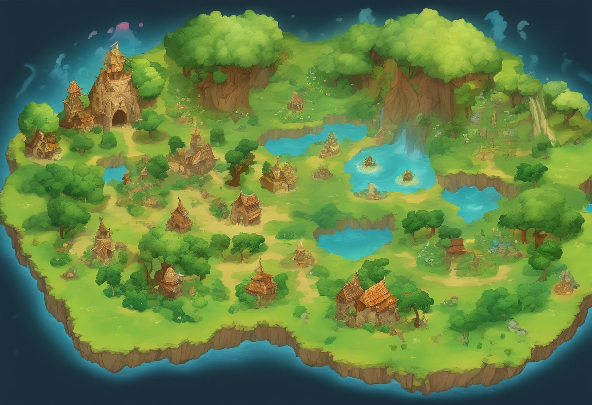 a group of flying islands, many floating islands, halo, game map, Hyrule, Ancient Fantasy Regional Map, Highly detailed map,Detailed Map, Height Map，world map、Isekai Map、Map of the Kingdom、Otherworldly Adventure K HD、meticulous、view from above, Spread up，pixel art, magic floating islands, castles and towers, waterfall in the air,