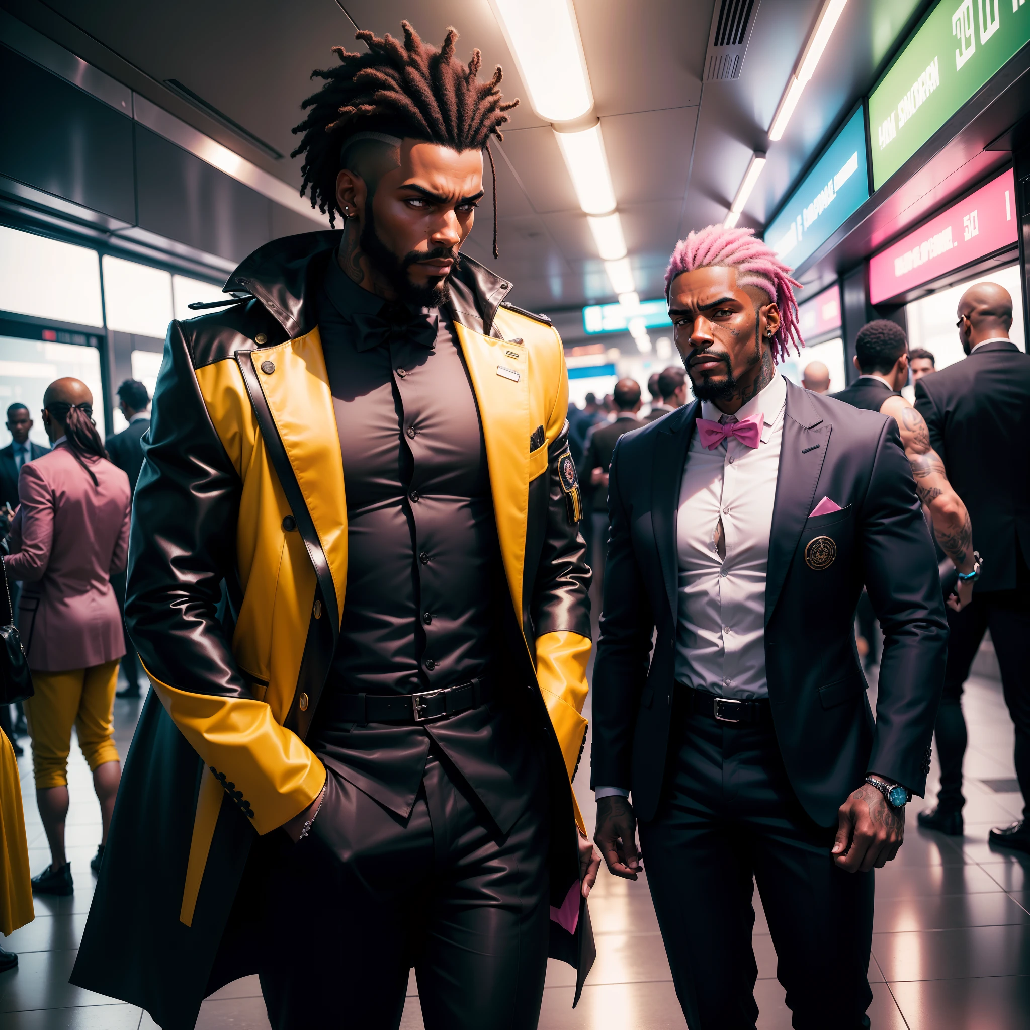 I'd like a cyberpunk style image in 4k average photo of three black characters ,40 anos de idade,,africano, forte, musculoso, de pele negra ,barba grande,barba, Estiloso Barbon,com cabelo punk estilo anos 80 na cor amarelo e cinza escuro,muito eLegante,, futurista e estiloso neon , com uma tatuagem super colorida e com neon ,Toattoo, facing a metro station on the platform , with station lights failing in a dimly lit environment, standing dressed in a dark yellow suit with a pink bow tie and baggy shirt.