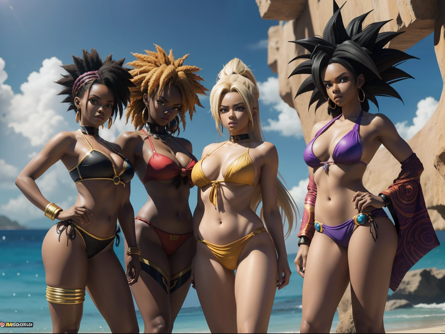 Three women in bikini and tie posing for photo, epic 3 d oshun, Estilo afrofuturismo, Realistic bikini, Afrofuturista, afro - estilo futurista, anime afro futurismo |, Futurismo Afro, Anime estilo 3D, deviantart artstation cgscosiety, Afro Futurista, 3 d render stylized, Cores da Jamaica, epic 3 d yemaya, Woman in Afrofuturist bikini posing for photo, wearing two - piece swimsuit, pele escura, mulher negra, full body shot in bikini, Rainha africanoa, corpo grande, de pele escura, bikini model, swimsuit model, is wearing a swimsuit, africano, thicc, mulher africanoa, mulher jovem negra, Jamaican vibe, marrom, afro Dragon Ball Goku Wallpapers Dragon Ball Goku Wallpapers, Goku Feminino, menina saiyajin, Super Saiyajin, indo super saiyajin, Super Saiyajin 3, fan art, Arte HD, estilo anime 4K, Super Saiyajin Goku, badass anime 8 k, estilo de arte de dragon ball, Anime HD, Poster de Anime 3D, DBZ, Super Sayan, Super Sayian Goku