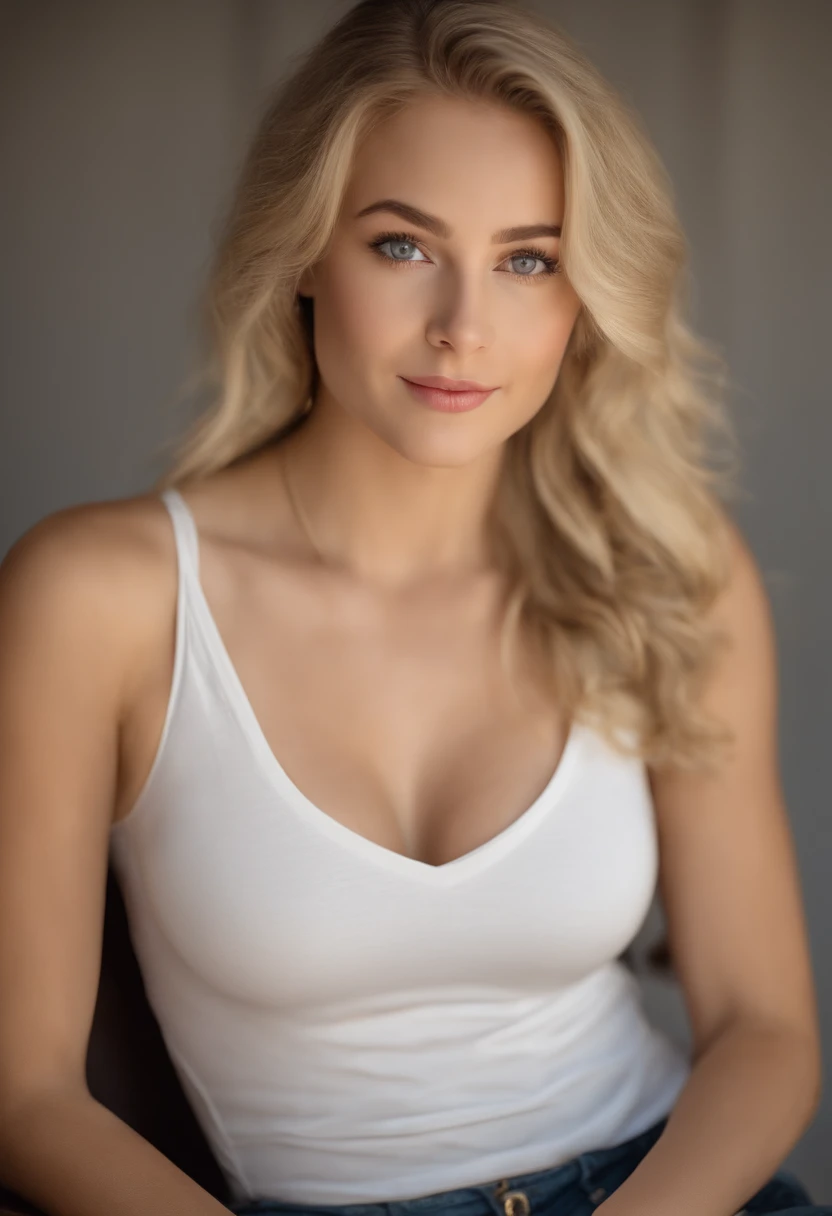 A portait photo from slighly above the head position of a 18 year old white european beautiful woman with longe blonde hair. She has luscious lips, blue eyes and big breasts. She's wearing a white tank top with a big cleavage and no bra underneath. Visible nipples through shirt. She's sitting on a chair leaning forward towards the camera by having her elbows on the table in front of her. She has her head resting on the knuckles of her hands. She's smiling slightly and her breats are squeezed together because of the arm placement.