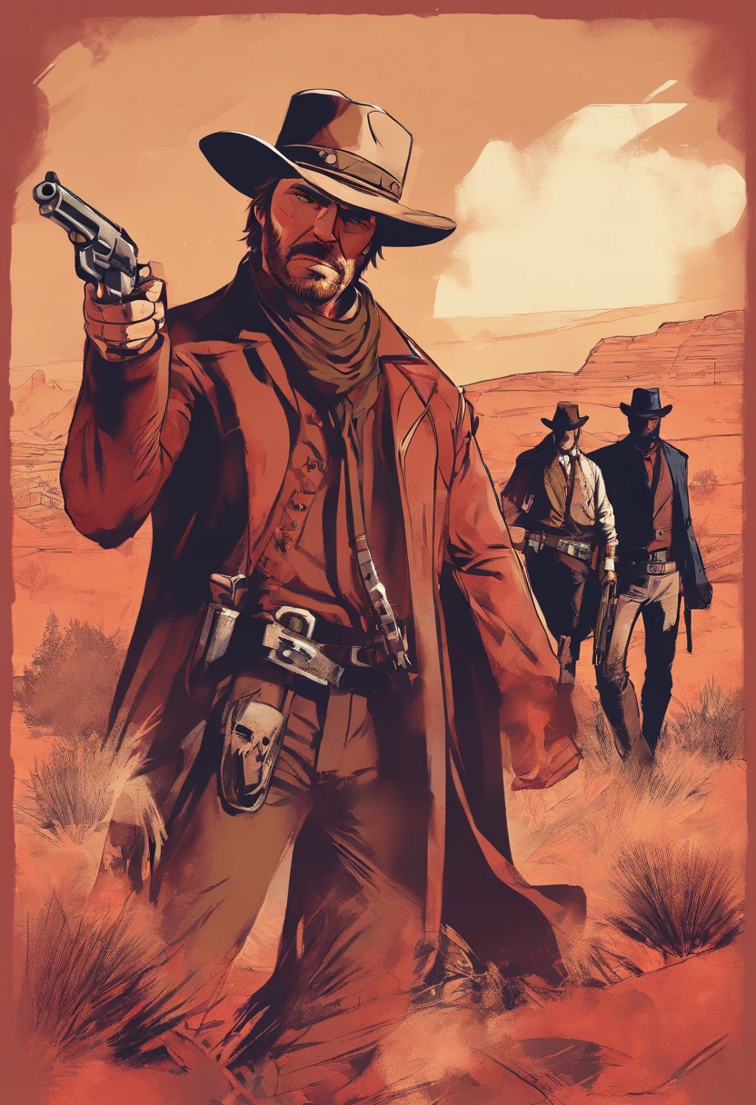 "(Best quality, A high resolution),Red Dead Redemption 2 style,Dark room,Western-style outlaws, 6 men,In a dark room,interiors,Stand in front of the table,Cowboy hat,revolvers,cigarettes,Narrow beam,Atmospheric shadows,Leather jacket and vest,Old wooden table,Dust particles floating in the air,Sharp focus,gritty texture,Vivid colors,Moody lighting"
