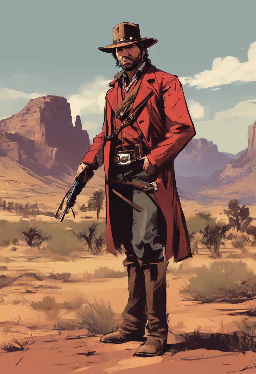 Red dead redemption illustration style，Sheriff Malloy，Wear a Nevada hat，Brown coat，Blue vest and white shirt