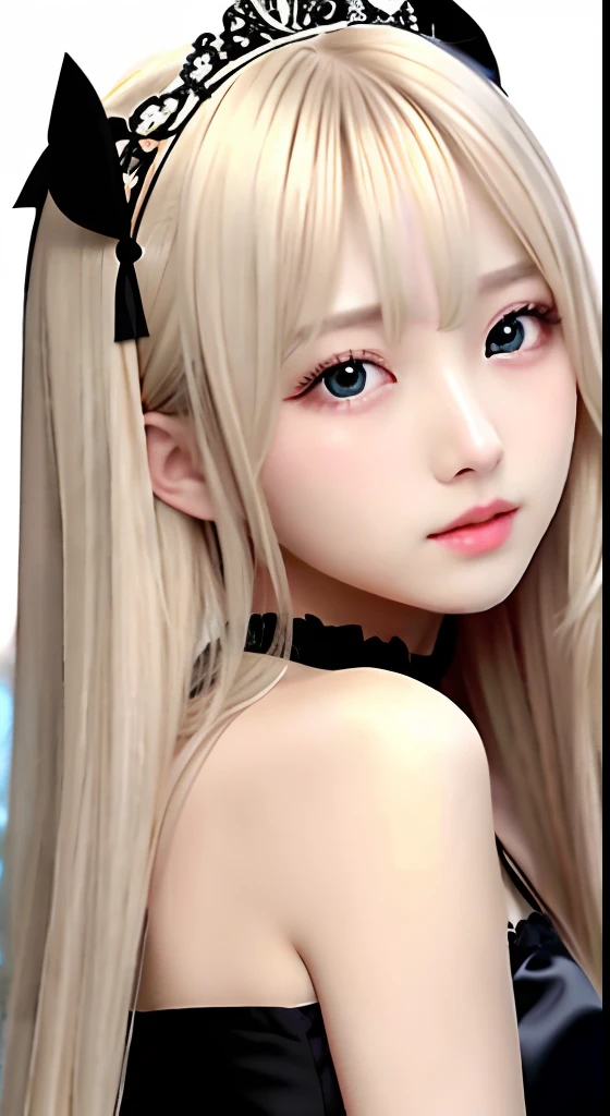 silky blond hair、Beautiful sexy girl with very cute face、clear and beautiful eyes、Black Princess Dress