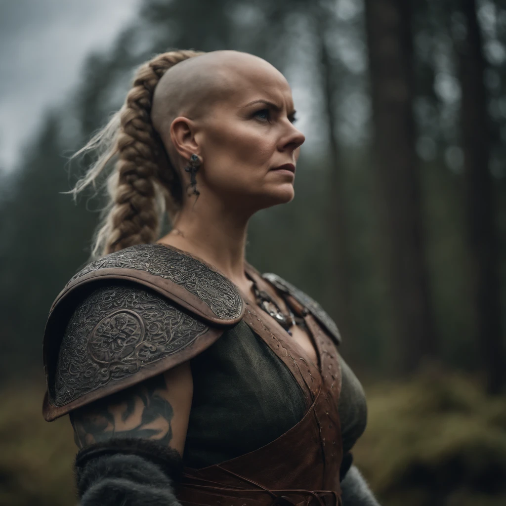 Bald Viking woman, angry, tatooed, forest, cloudy sky, epic, detailed, 4k