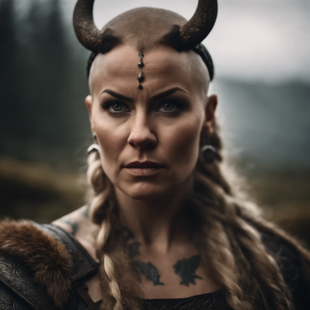 Bald Viking woman, angry, tatooed, forest, cloudy sky, epic, detailed, 4k