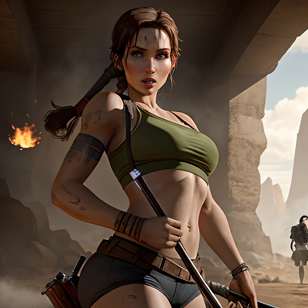 (best quality,4k,alto,master part:1.2),ultra-detalhado,(Realistic,fotorrealista,photo-realistic:1.37),Lara Croft,olhos bonitos detalhados,detailed lips and face,Physically-based rendering,postura forte e confiante,Traje Tomb Raider,parkour action,atmosfera aventureira,Ancient ruins in the background,treasure hunt adventure,3D rendered illustration,vivid colors,movimentos furtivos,expressive facial expressions,Exotic location,retrato profissional,action-packed,dynamic compositing,foco nítido,mysterious lighting,ambiente altamente detalhado,Efeito bokeh,intensidade emocional,immersive experience