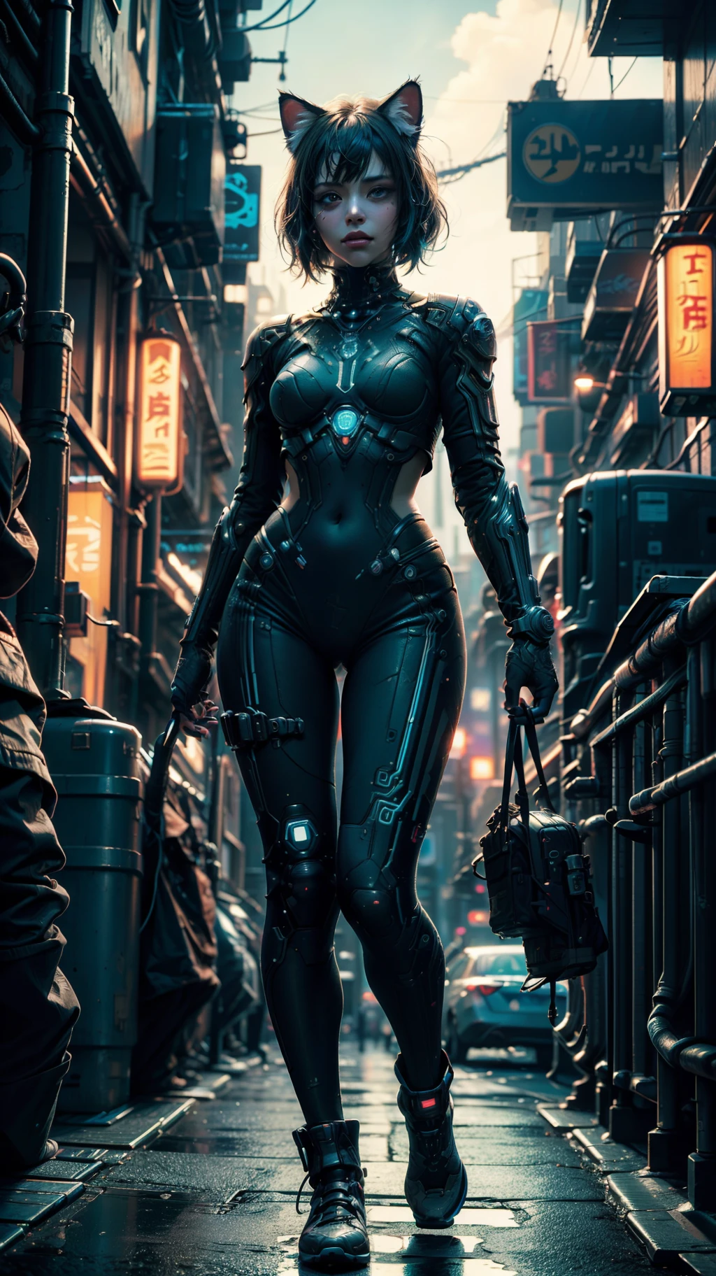 Beautiful full body shot of Reika Shimohira as a Nekomata catgirl, slender body, cyberpunk armor with neon trim, cat ears, cat tail, science fiction, cyberpunk city in the background, Gantz, In the Style of Cyberpunk 2077, Ultra realistic photo, masterpiece, best quality, CG, wallpaper, HDR, high quality, high-definition, extremely detailed, {beautiful detailed face}, {beautiful detailed eyes}, (detailed light){{intricate detail}}, {highres}, ((detailed face)), neon light, chiaroscuro, key visual, intricate detail, highly detailed, breathtaking, vibrant, cinematic, 18+, Nsfw