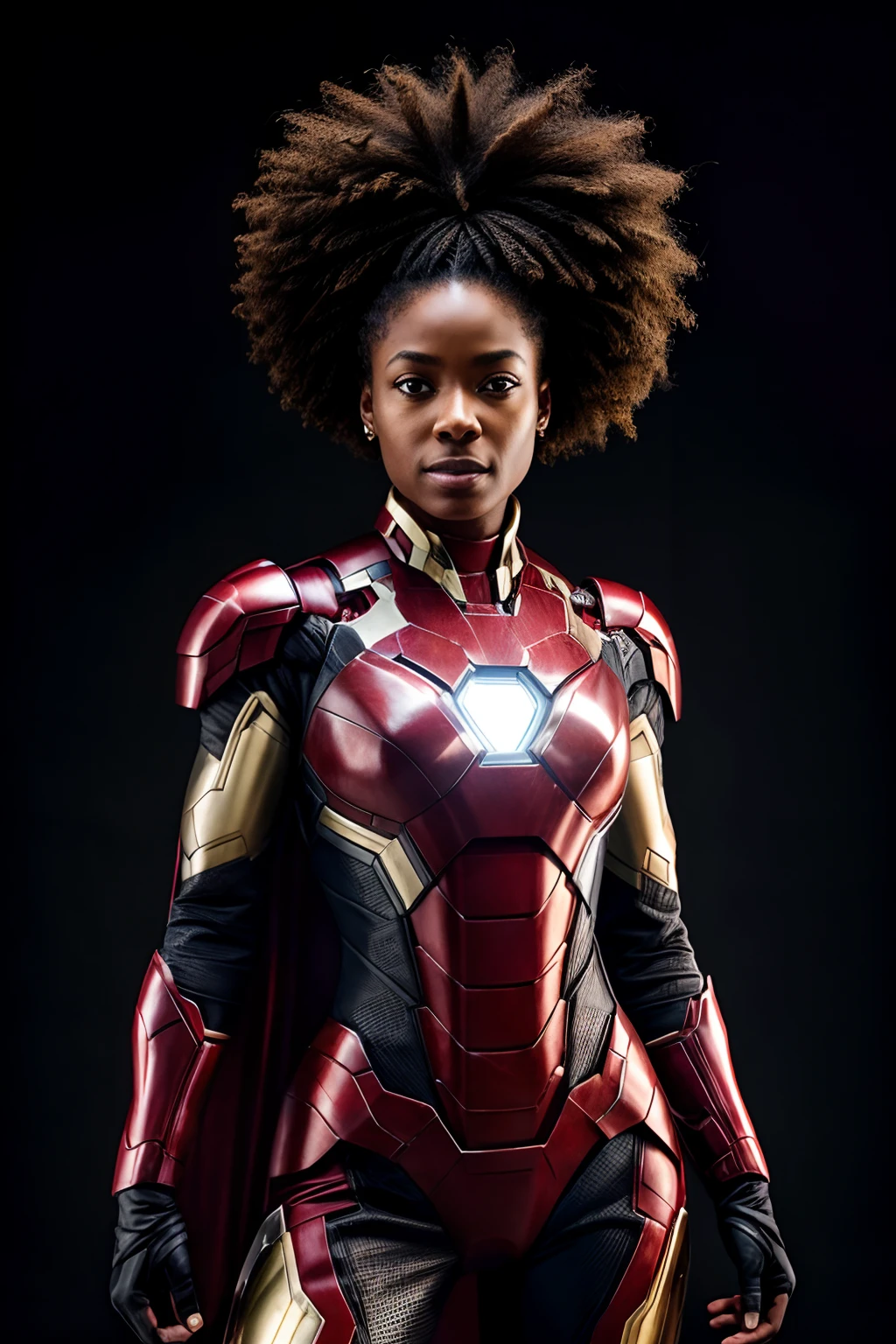 Create an extraordinarily detailed and fantastically realistic image portraying a black woman as a superhero, vestida com a armadura do Homem de Ferro da Marvel. O foco deve estar no rosto dela, showing his beautiful features and a subtle, Sorriso Confiante. The costume should reflect Marvel's iconic Iron Man costume. Place the character against a black background to emphasize their presence. Use the studio's chiaroscuro lighting to add depth and atmosphere to the image. Render this composition in an impressive 8K resolution, ensuring exceptional clarity and precision in portraying the strength and grace of black women as superheroes;;.