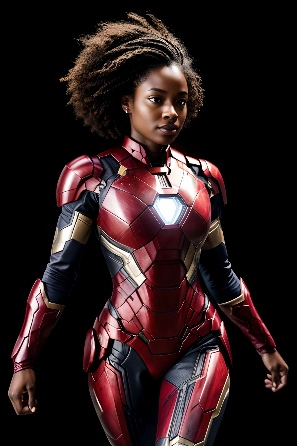 Create an extraordinarily detailed and fantastically realistic image portraying a black woman as a superhero, vestida com a armadura do Homem de Ferro da Marvel. O foco deve estar no rosto dela, showing his beautiful features and a subtle, Sorriso Confiante. The costume should reflect Marvel's iconic Iron Man costume. Place the character against a black background to emphasize their presence. Use the studio's chiaroscuro lighting to add depth and atmosphere to the image. Render this composition in an impressive 8K resolution, ensuring exceptional clarity and precision in portraying the strength and grace of black women as superheroes;;.