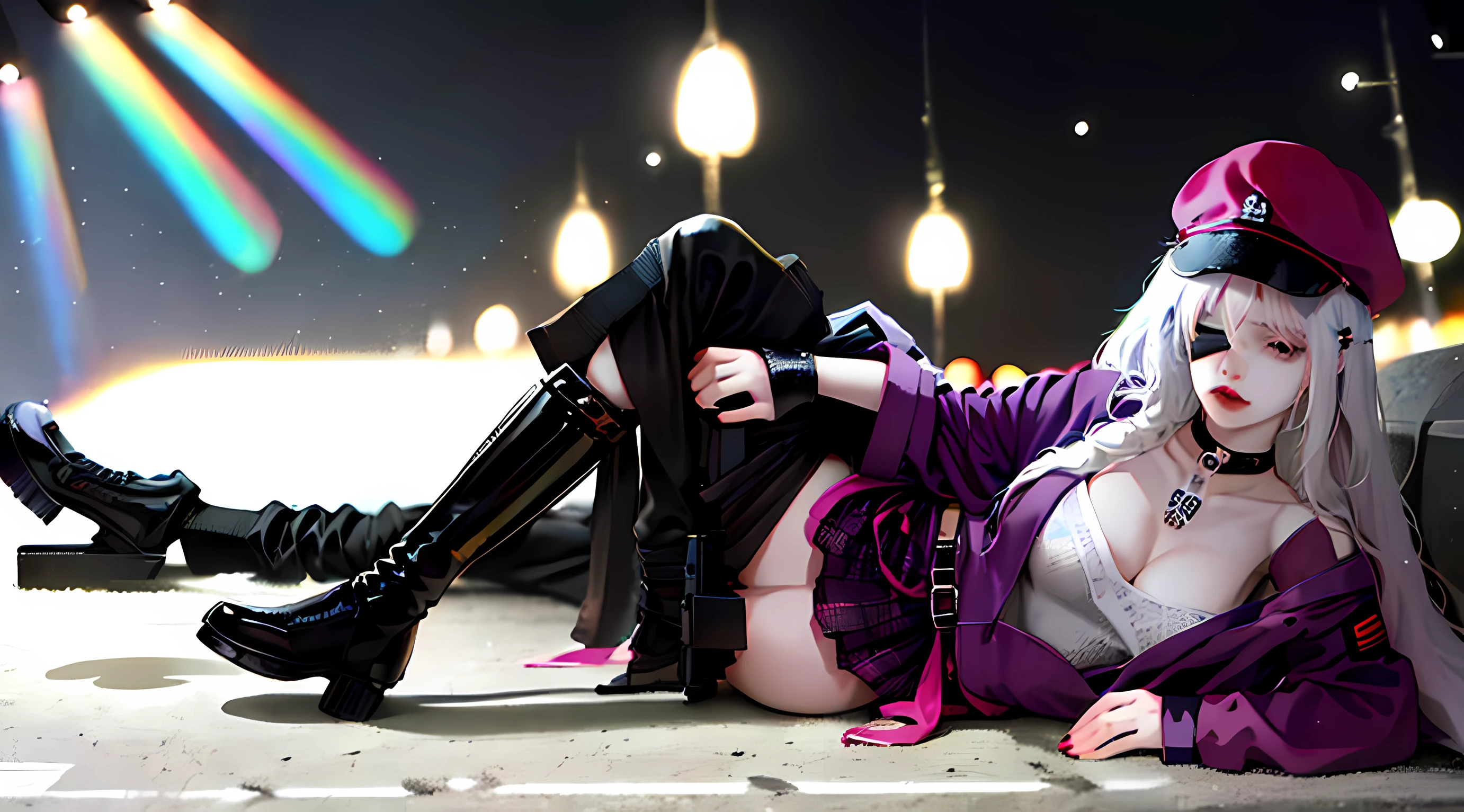 Location Pub. Two girls fight each other. Girls Frontline M16A1 is brave and serious. He is tall and has a blindfold on his right eye and cuts on his right cheek. It has long braided black spots hair and some orange lines. She has a lemon yellow shirt and a leather jacket on top of it. She wears a black pleated skirt, knee pads and military boots, and a thigh-high stocking on her left leg. And she drink her rival. Girls Frontline Hk416. She is a medium height cold girl and sensitive, she is a military tactical doll, she has a black hat with red line and purple jacket with black arm parts, right thigh a brown peastol case with USPS HANDGUN, white gloves, mini purple skirt with thigh black stockings, high-heeled boots. She has long silver hair and there are cross-shaped hairpins on both sides of her hair.